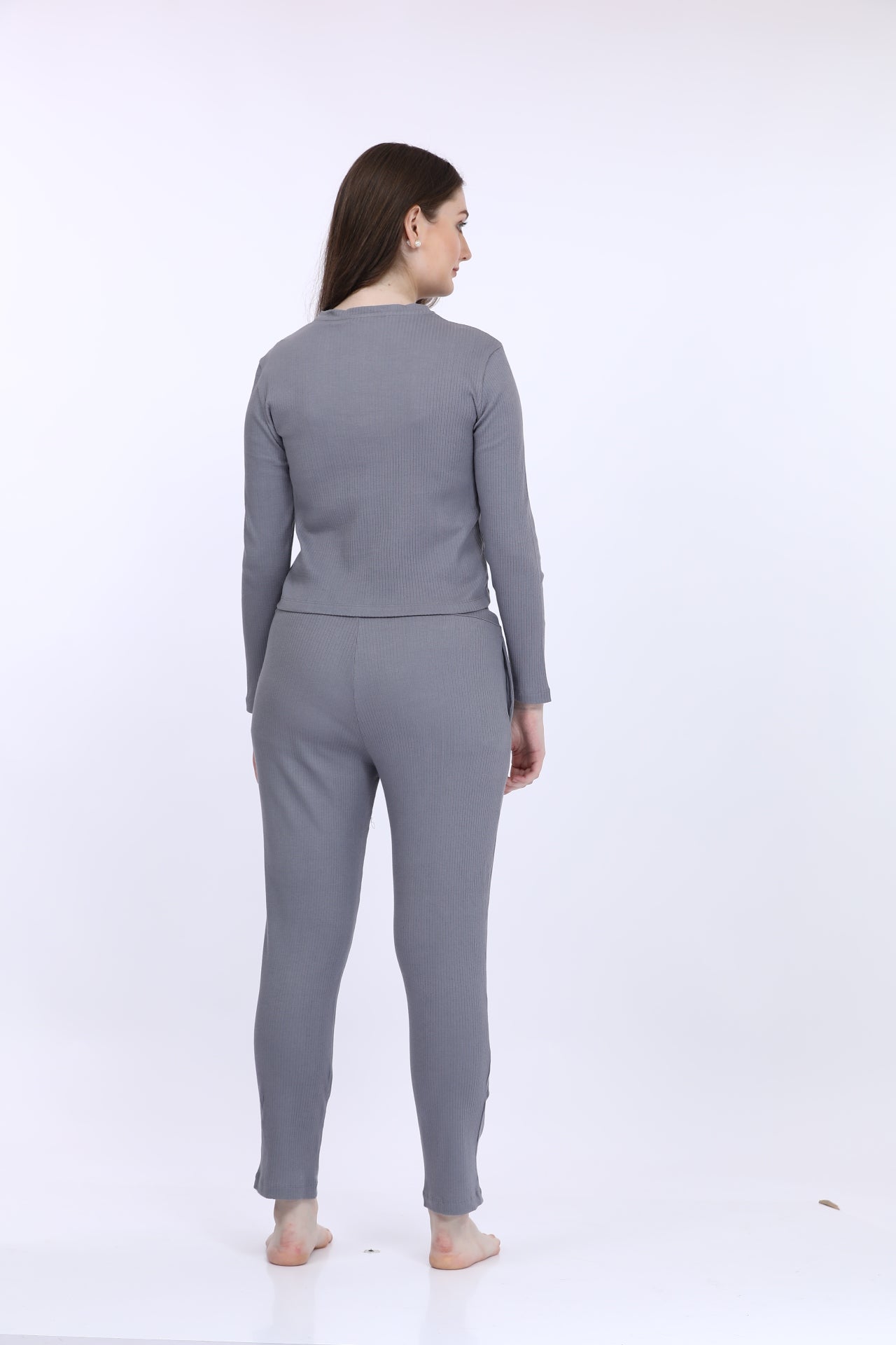 Women Cotton Spandex Grey Solid Full Sleeve Fashion Crop T-Shirt Co-Ord Set
