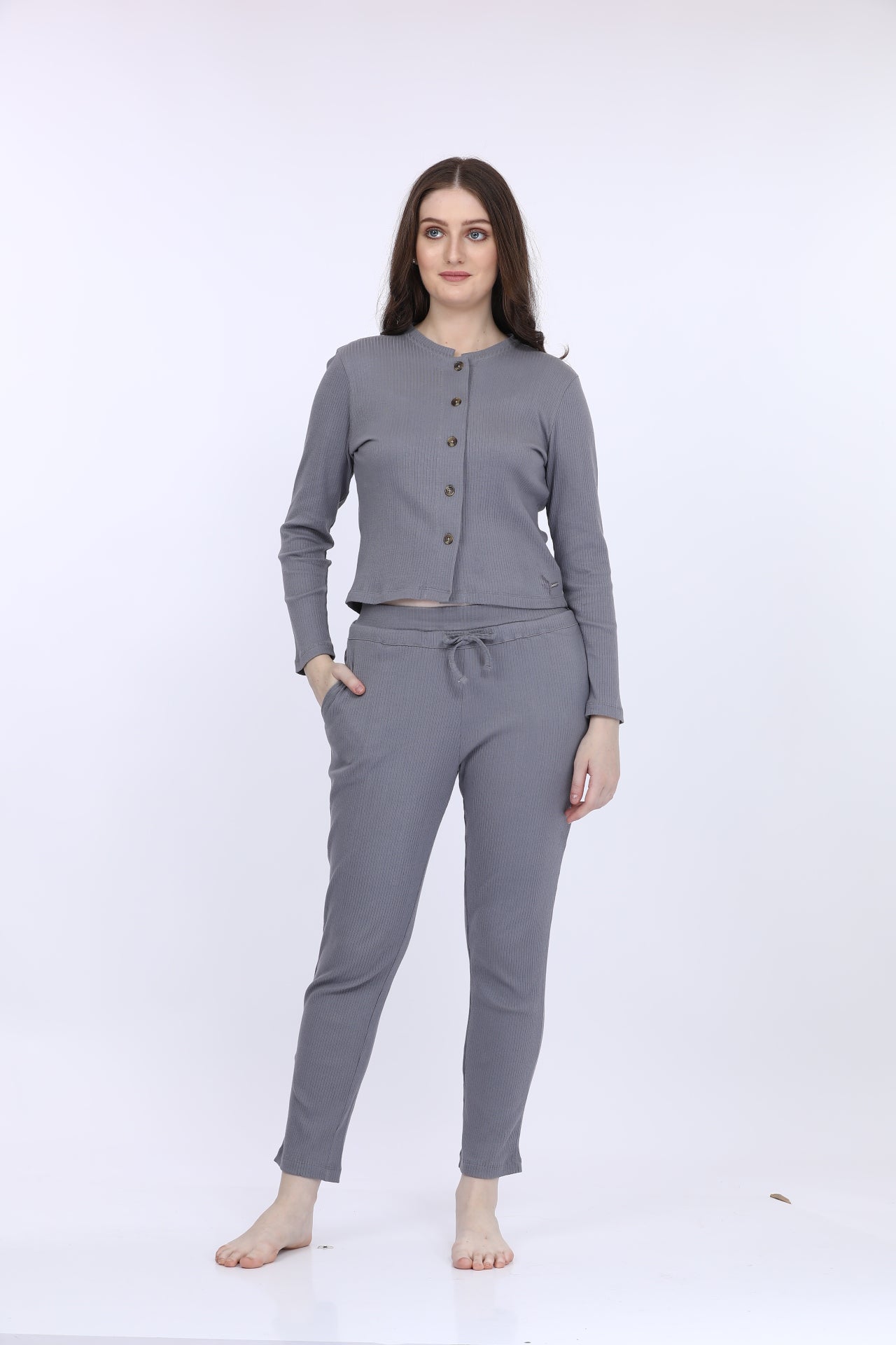 Women Cotton Spandex Grey Solid Full Sleeve Fashion Crop T-Shirt Co-Ord Set
