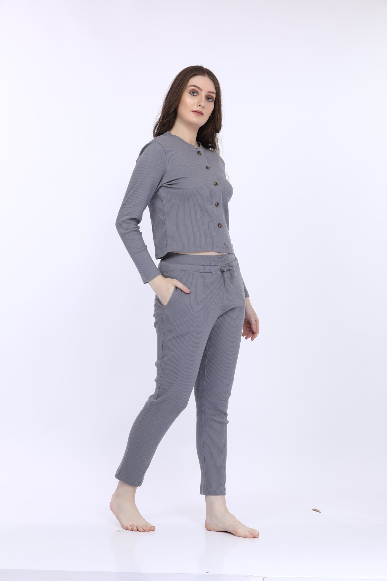 Women Cotton Spandex Grey Solid Full Sleeve Fashion Crop T-Shirt Co-Ord Set