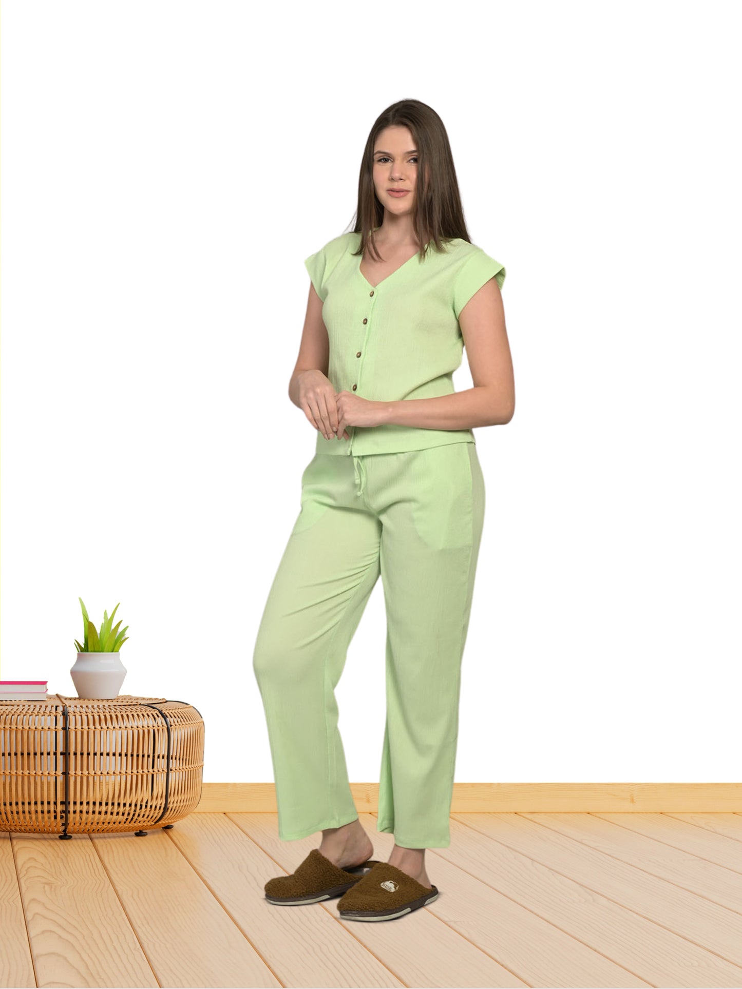 V Neck Green Short Sleeve Top & Pyjama Set