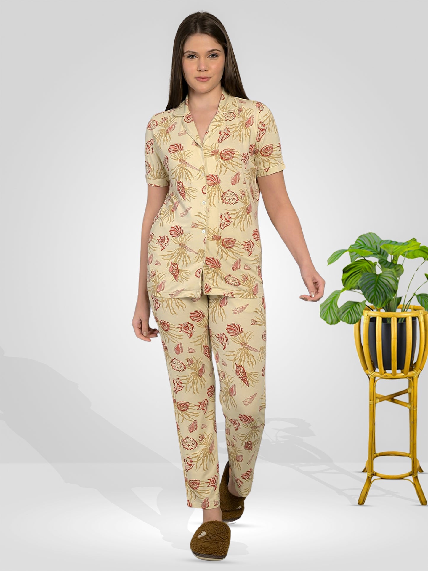 Beige Half Sleeve Top & Pyjama Set