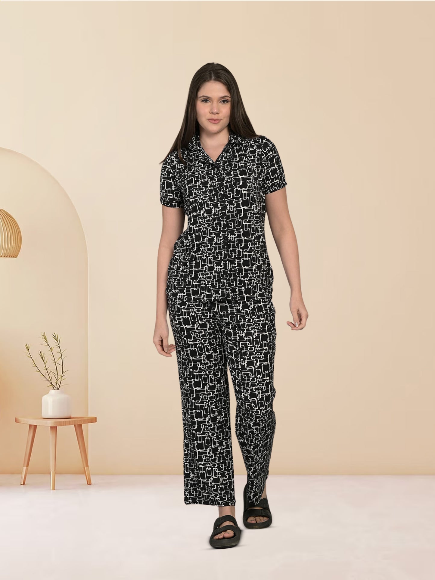 Black Poly Brush Top & Pyjama Set