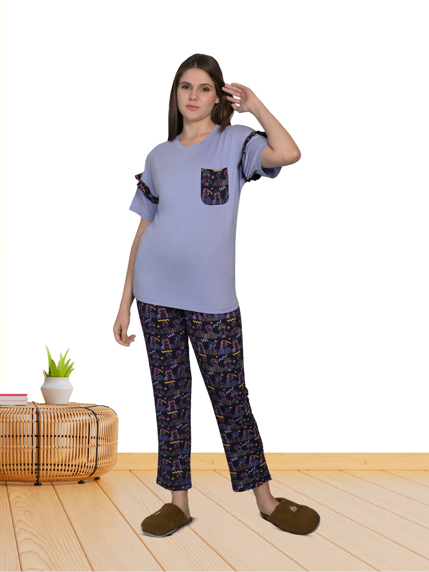 Purple Round Neck T-Shirt & Pyjama Set for Women