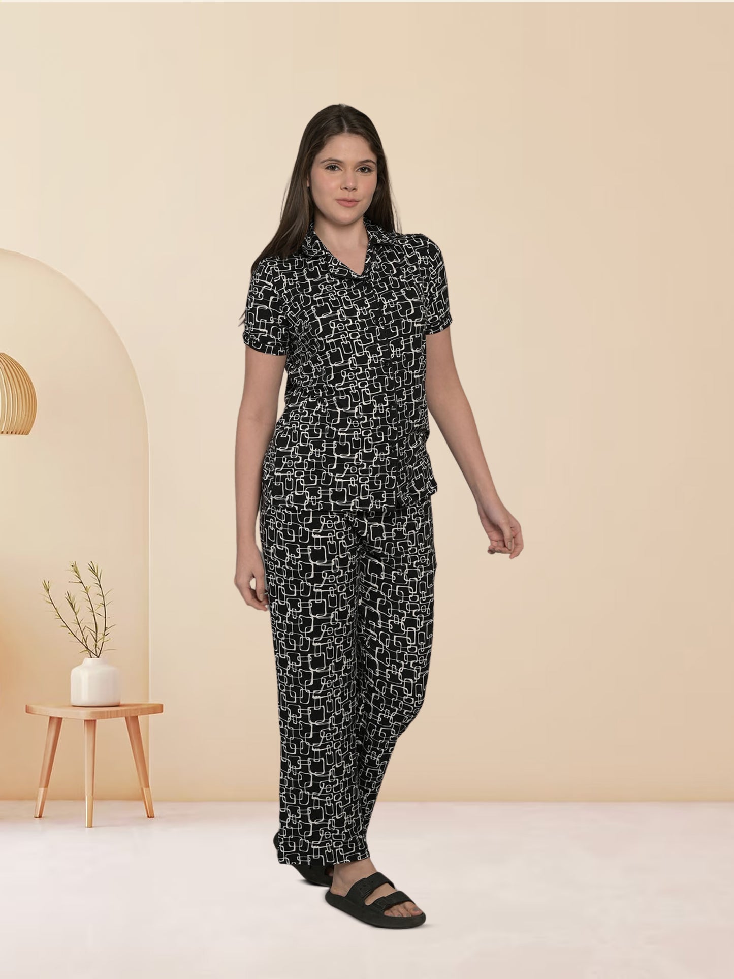 Black Poly Brush Top & Pyjama Set