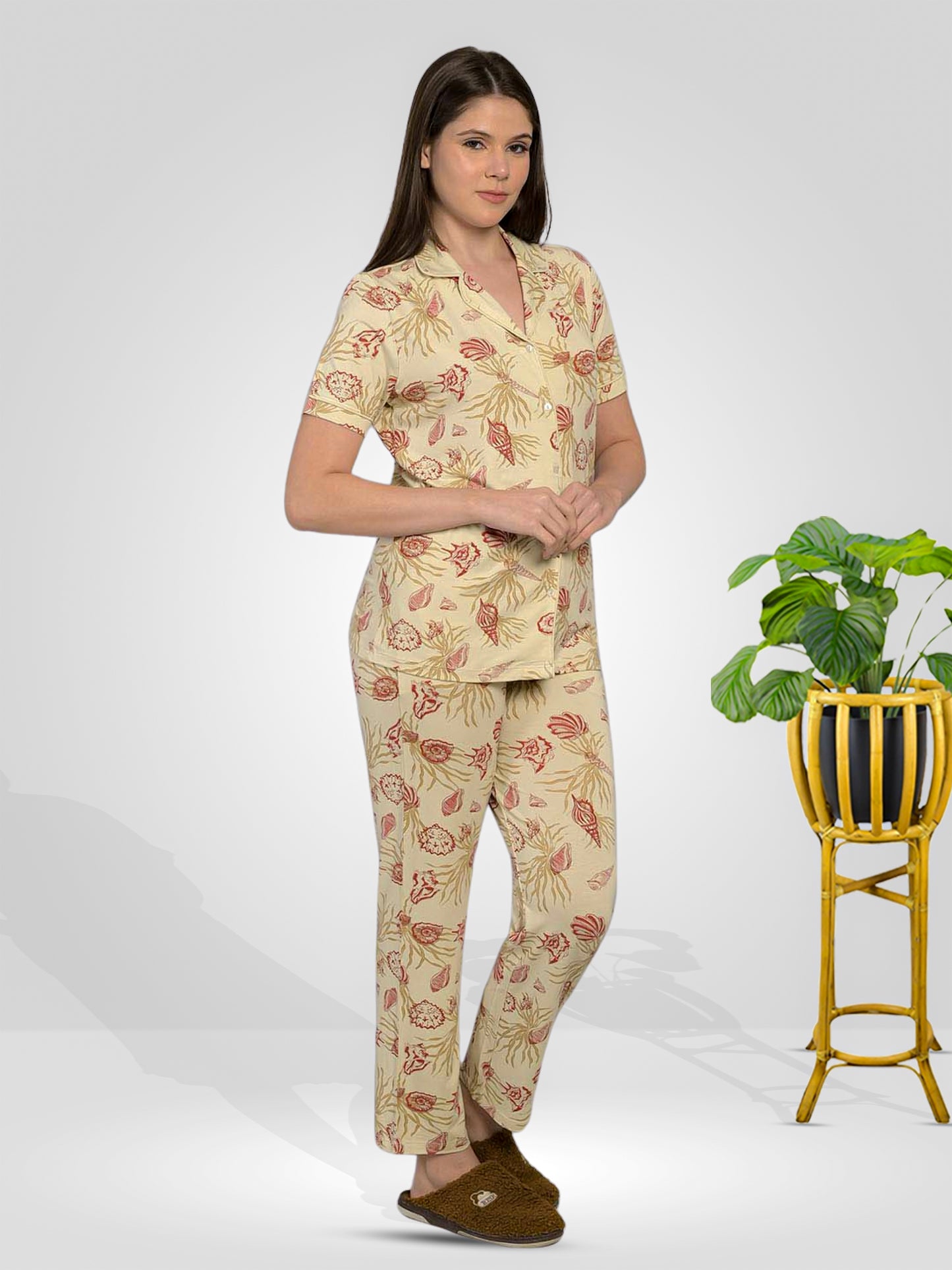 Beige Half Sleeve Top & Pyjama Set