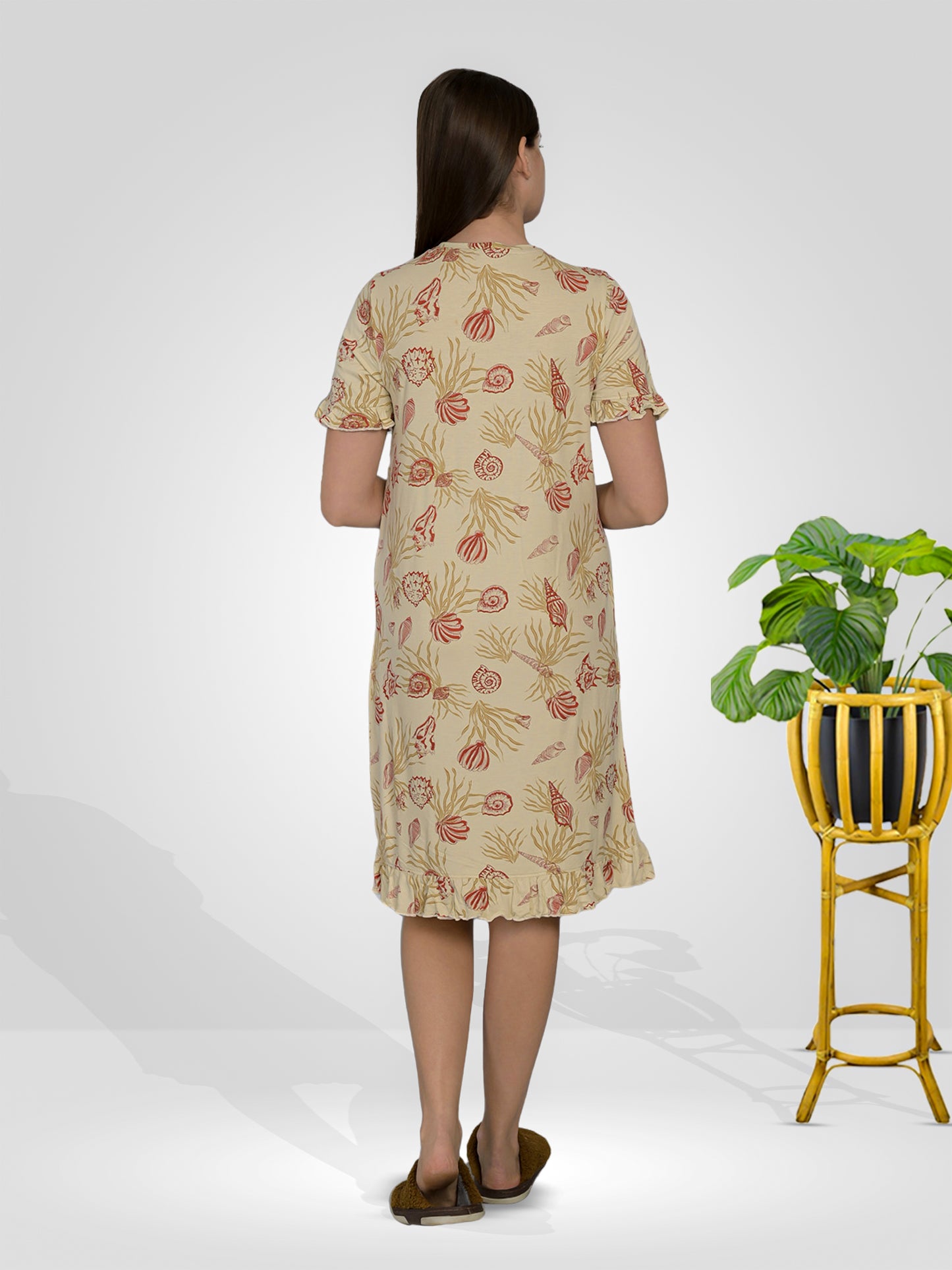 Round Neck Beige Half Sleeve Short Night Dress