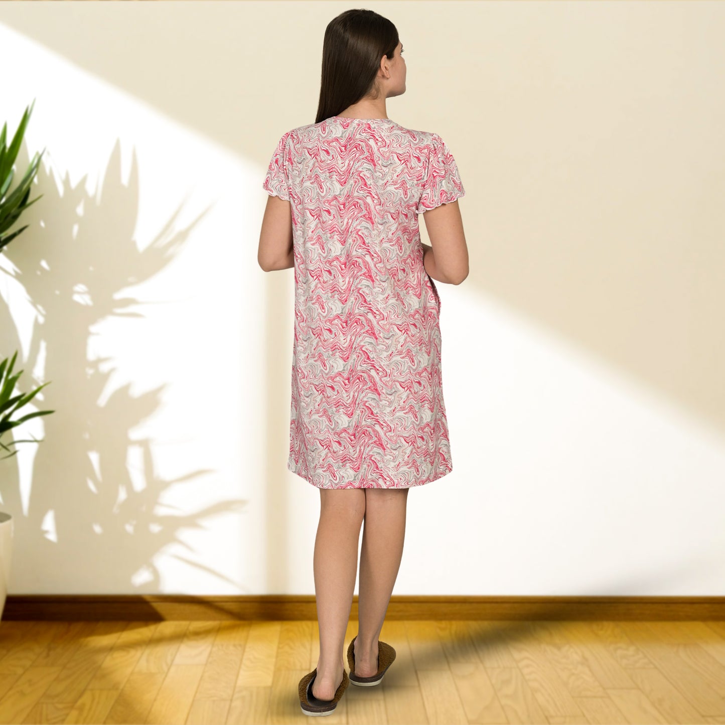 Round Neck Pink Half Sleeve Short Night Dress