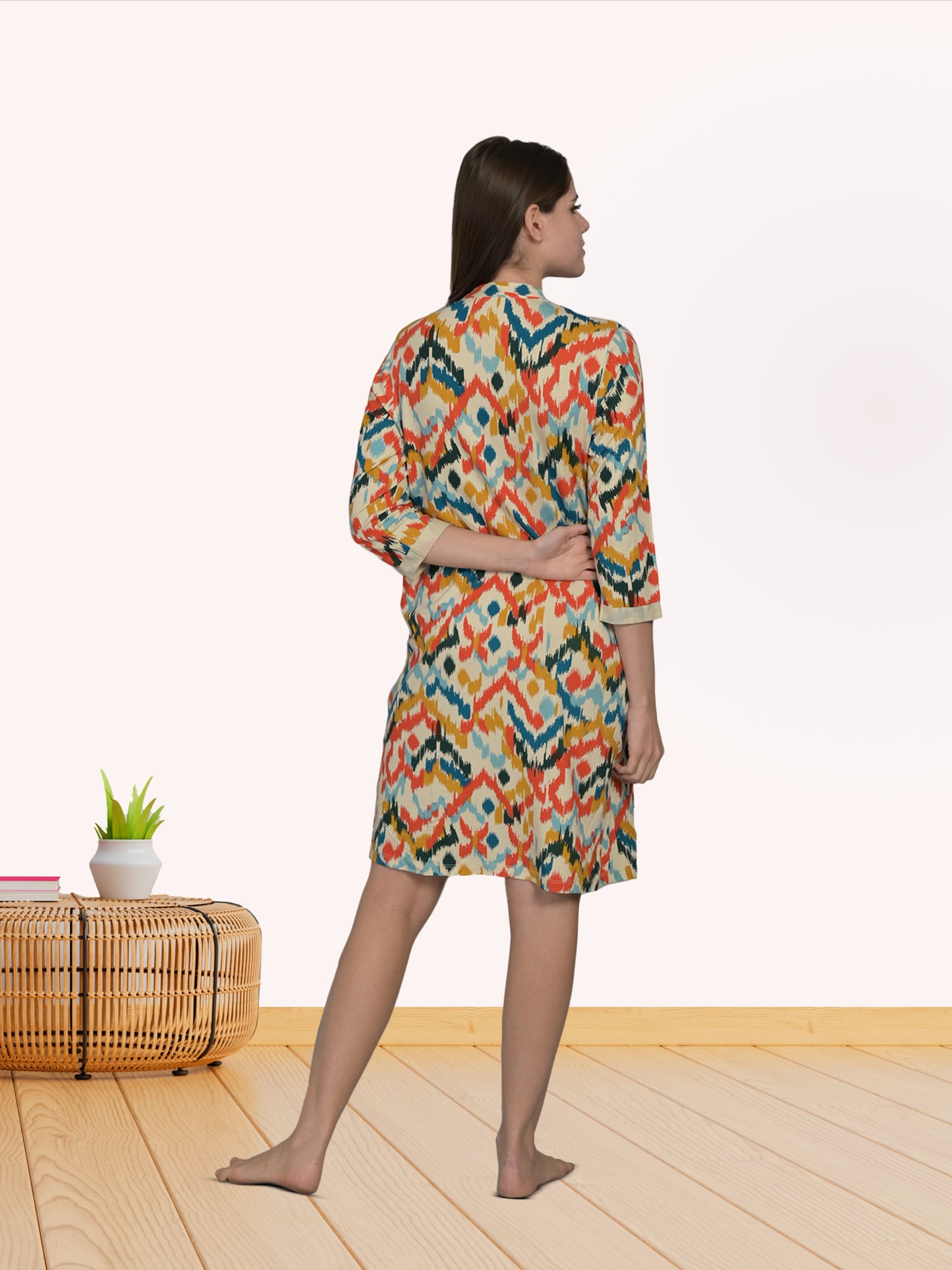 Round Neck Multi 3/4Th Sleeve Short Night Dress