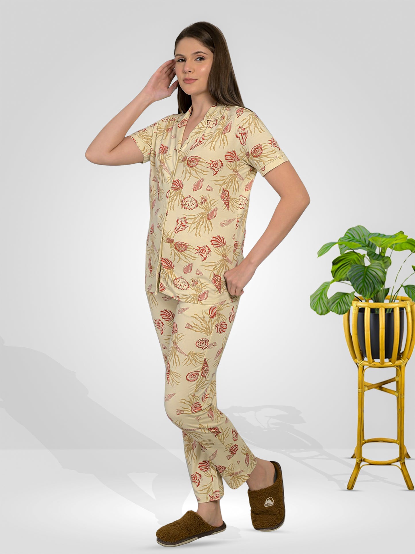 Beige Half Sleeve Top & Pyjama Set