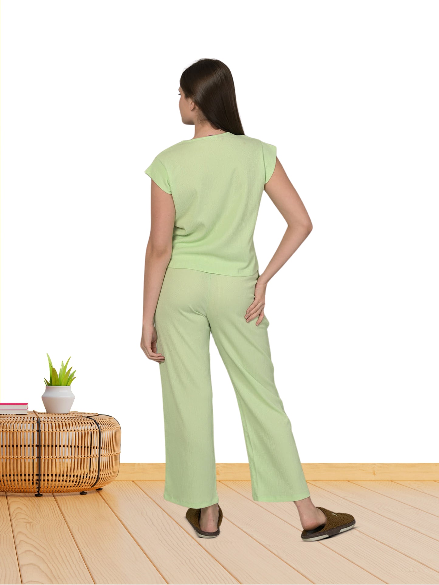 V Neck Green Short Sleeve Top & Pyjama Set