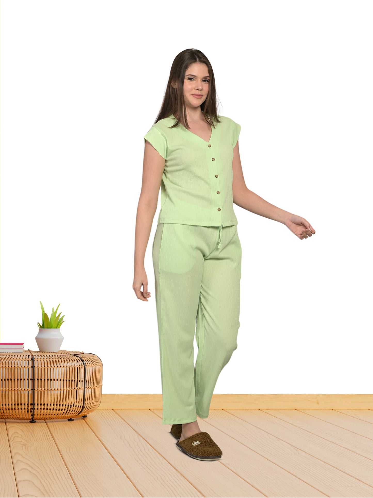V Neck Green Short Sleeve Top & Pyjama Set