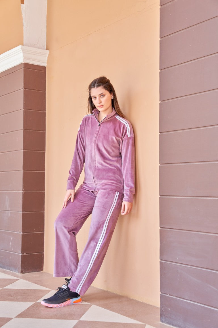 Women Cotton Spandex Purple Striped Full Sleeve Track Suit