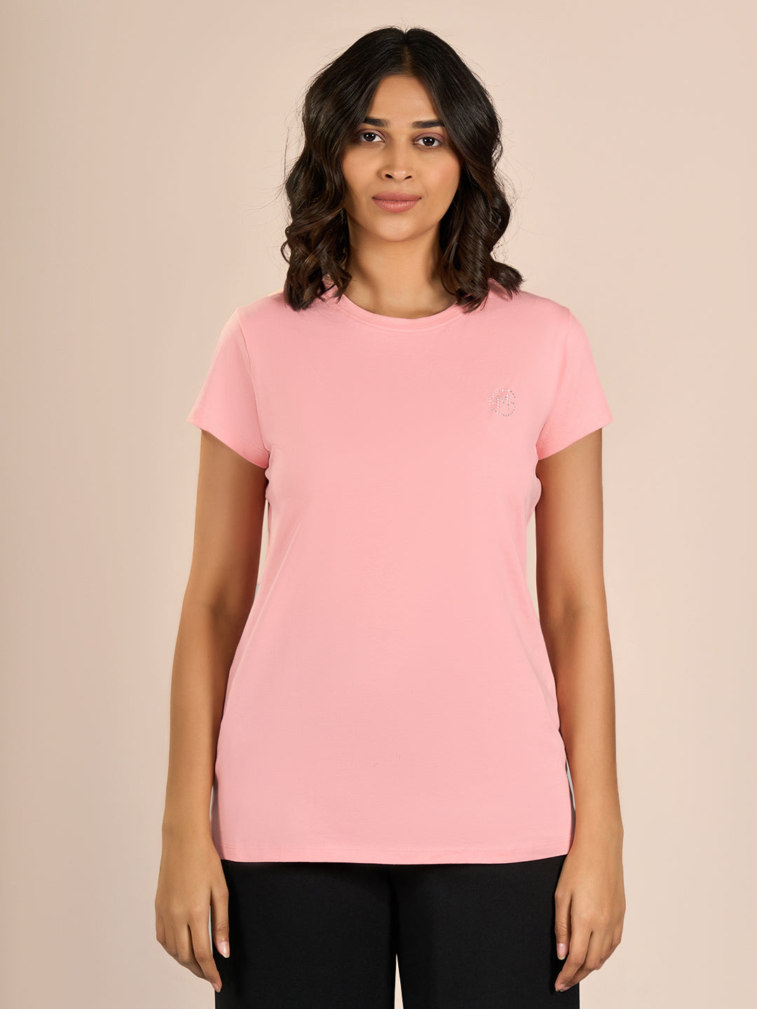Pink Round Neck Short Sleeve Solid T-Shirt for Women