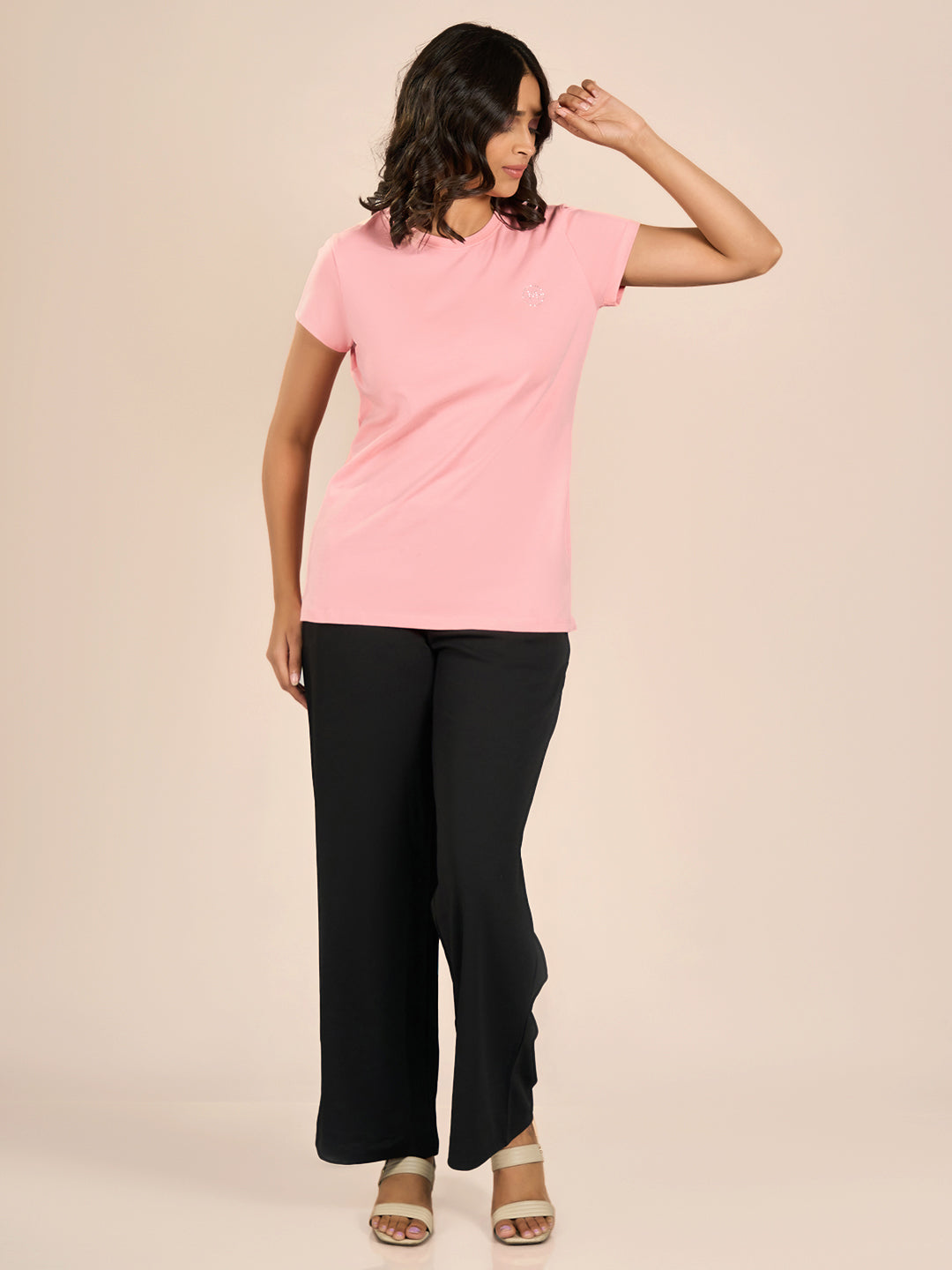 Pink Round Neck Short Sleeve Solid T-Shirt for Women