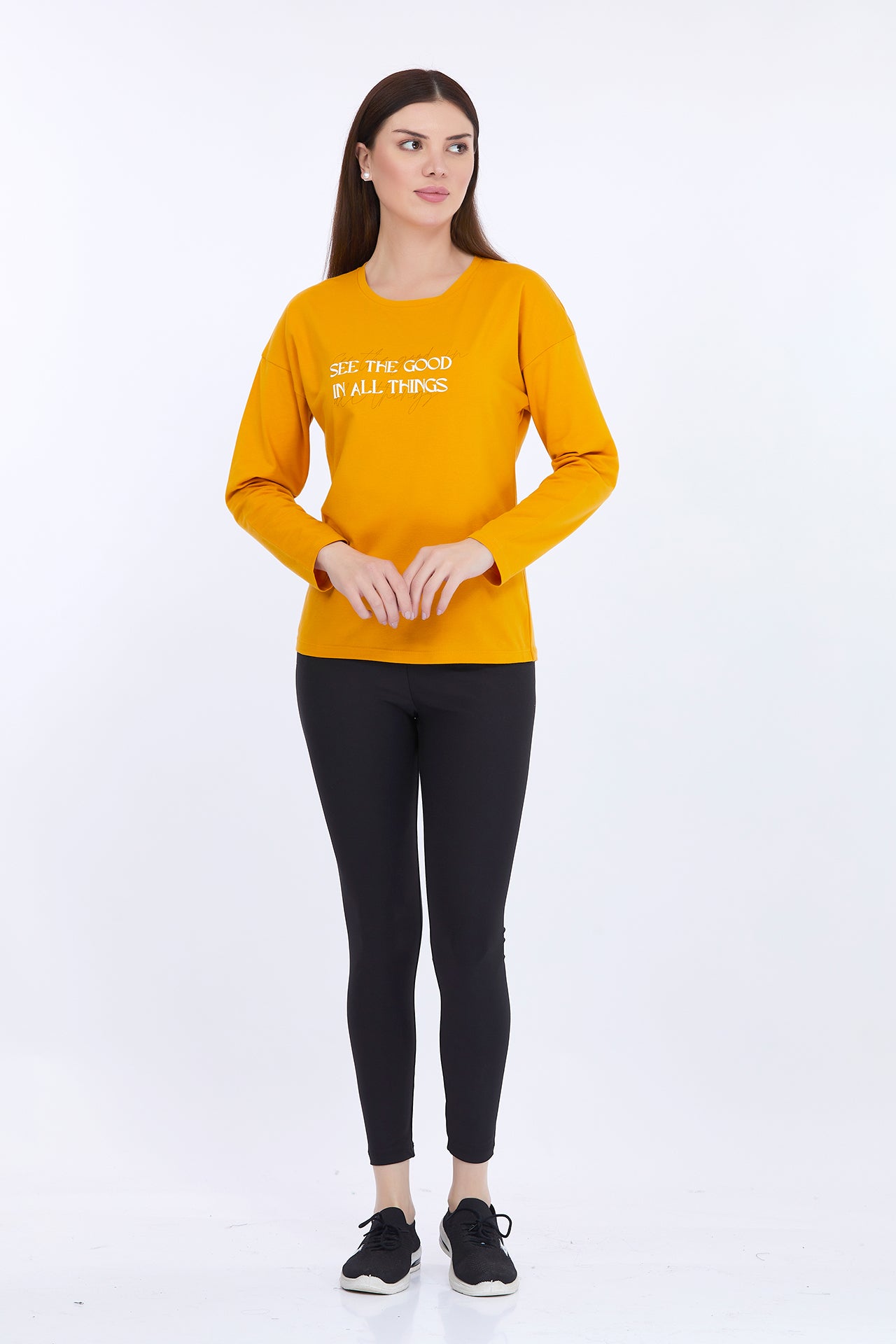 Women Cotton Spandex Yellow Printed Full Sleeve T-Shirt
