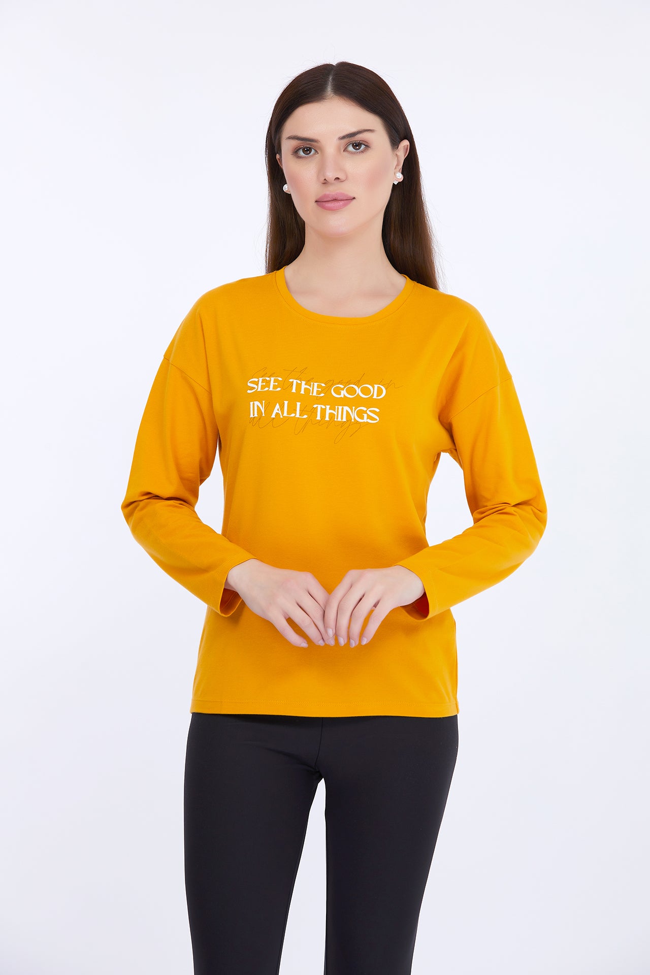 Women Cotton Spandex Yellow Printed Full Sleeve T-Shirt