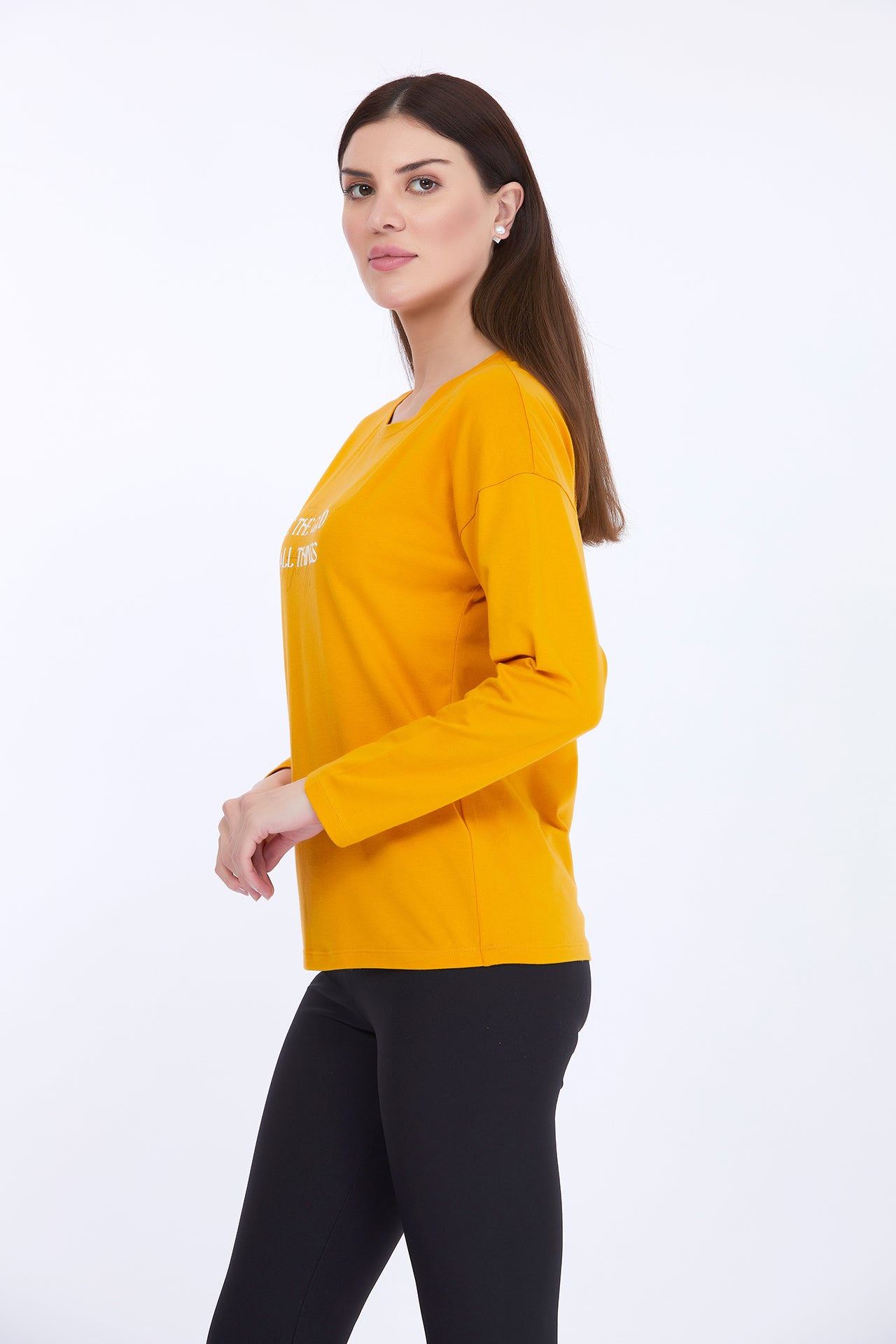 Women Cotton Spandex Yellow Printed Full Sleeve T-Shirt