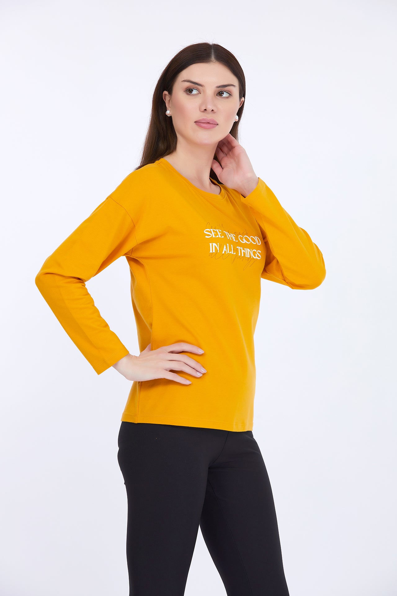 Women Cotton Spandex Yellow Printed Full Sleeve T-Shirt