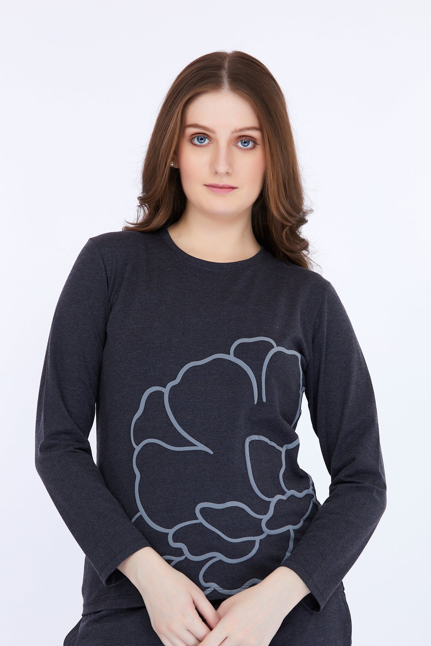 Women Cotton Spandex Black Printed Full Sleeve T-Shirt