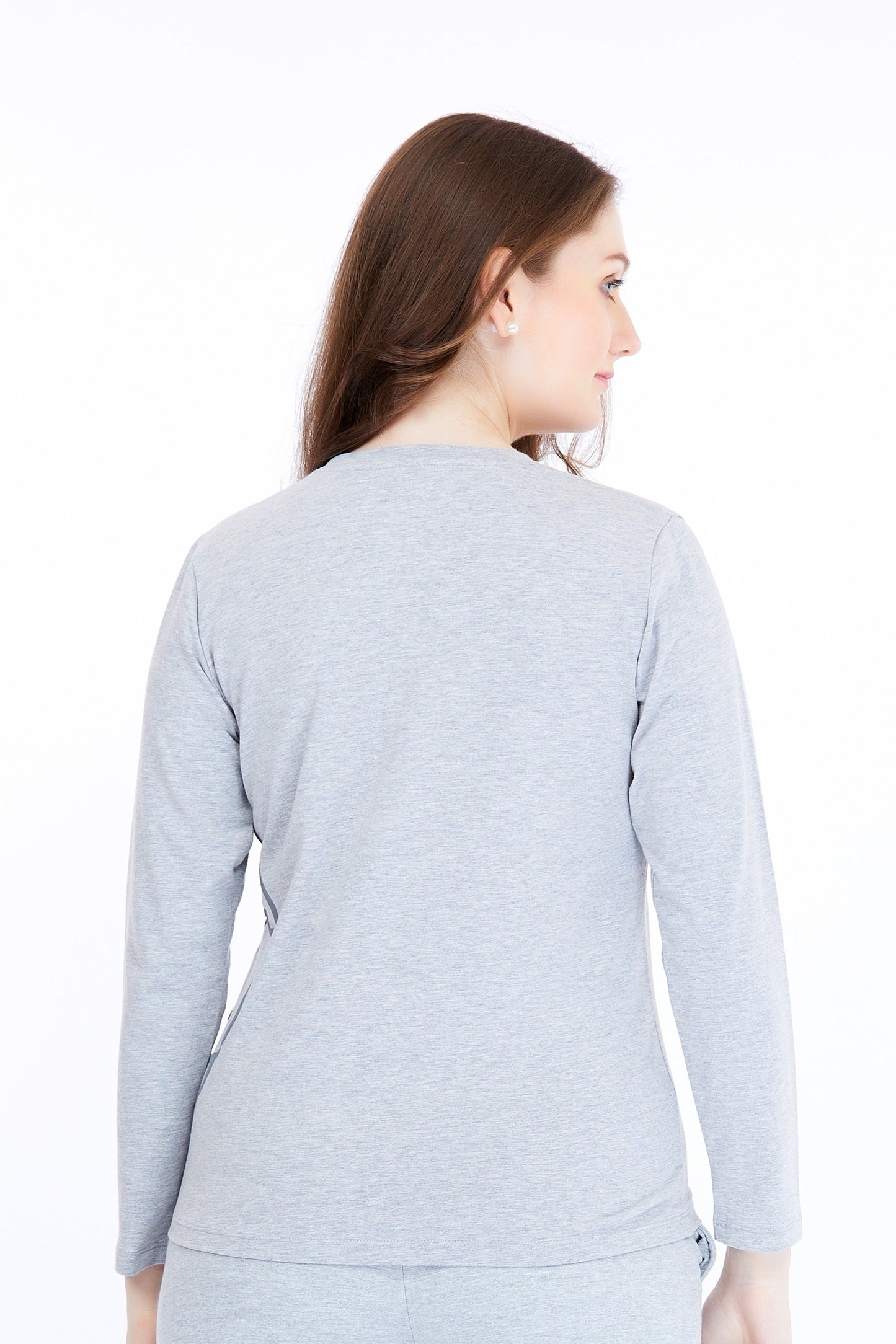 Women Cotton Spandex Grey Printed Full Sleeve T-Shirt