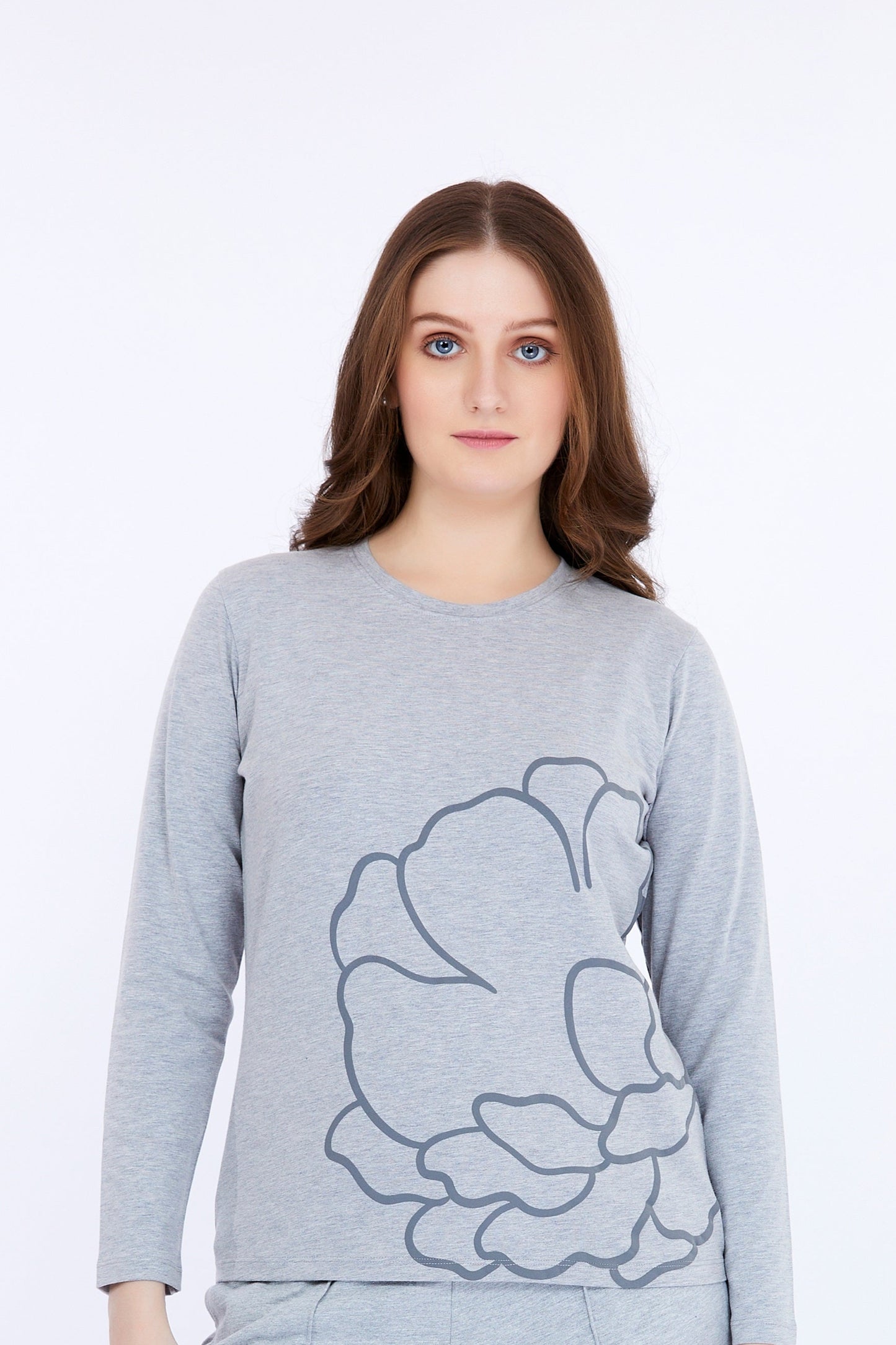 Women Cotton Spandex Grey Printed Full Sleeve T-Shirt