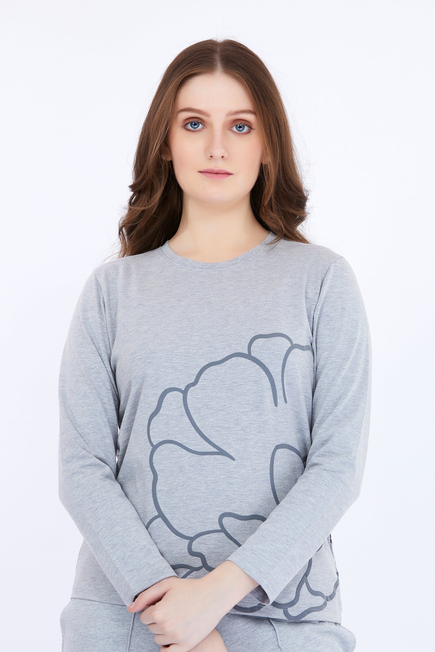 Women Cotton Spandex Grey Printed Full Sleeve T-Shirt