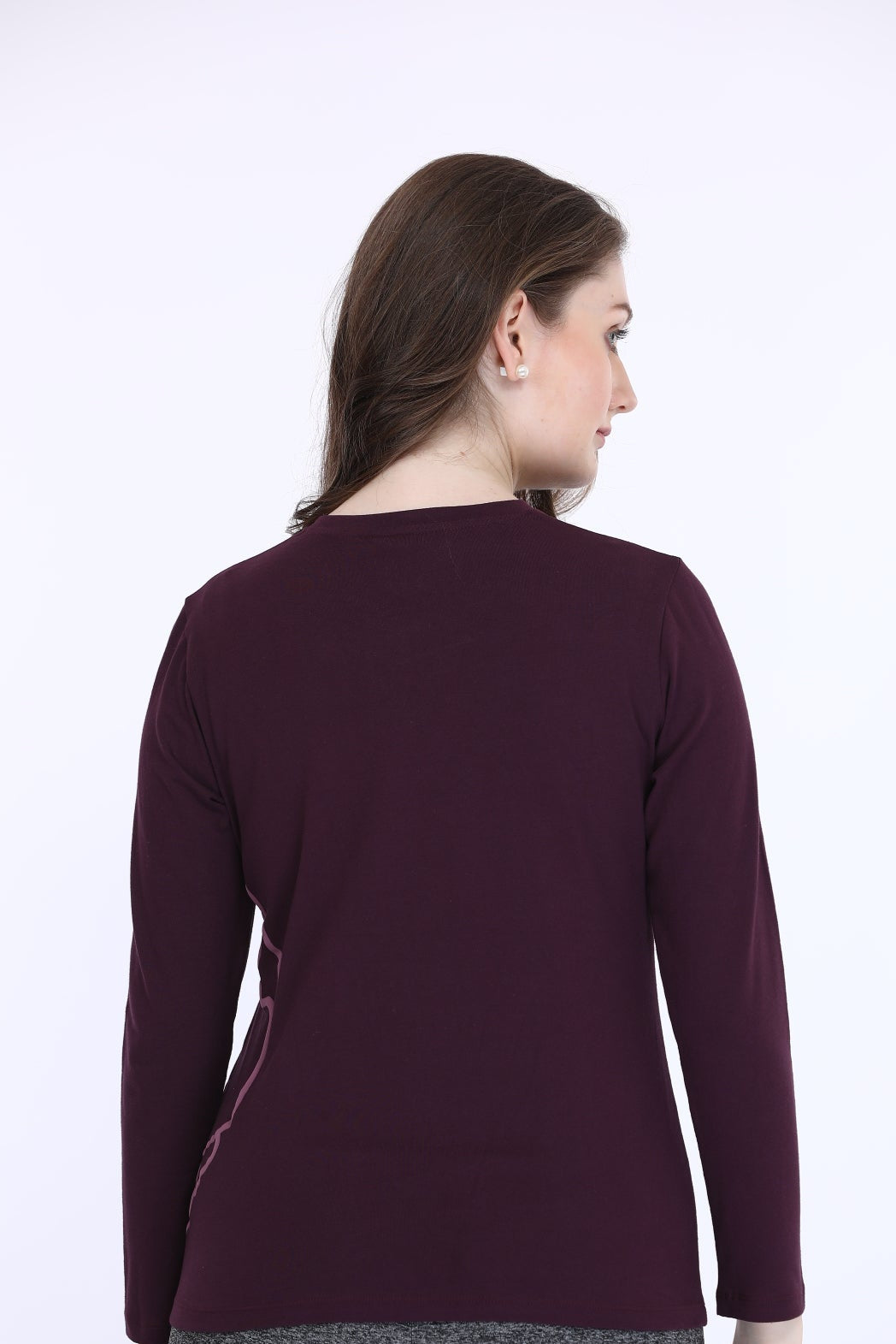Women Cotton Spandex Maroon Printed Full Sleeve T-Shirt