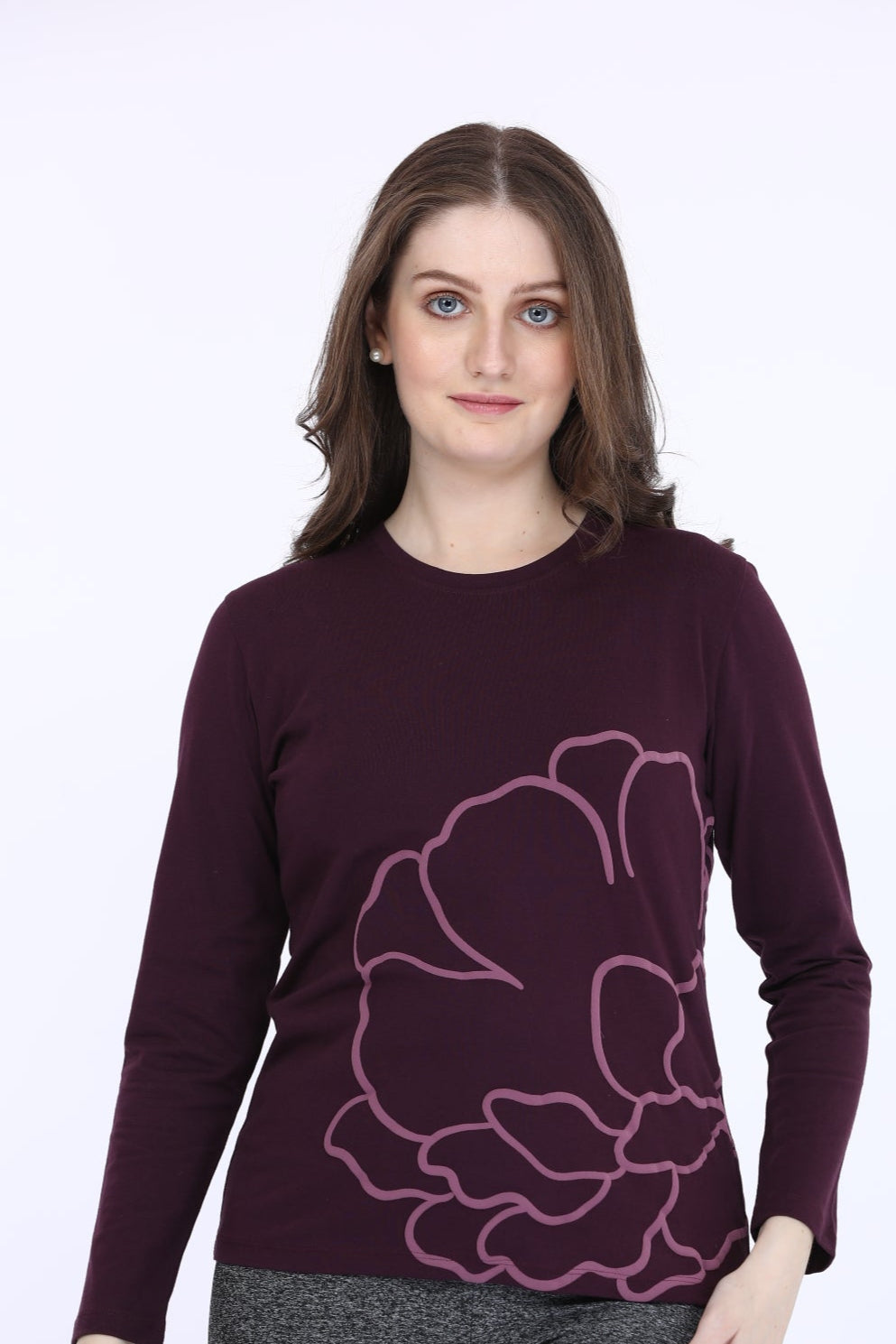 Women Cotton Spandex Maroon Printed Full Sleeve T-Shirt