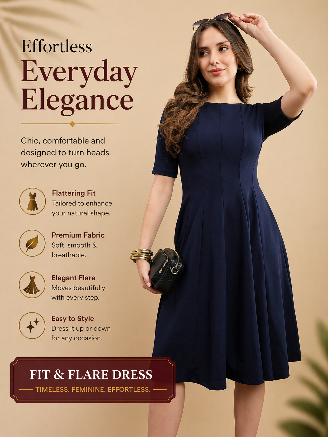 Womens Solid A-Line Midi Dress with Panel Detail - Navy Blue