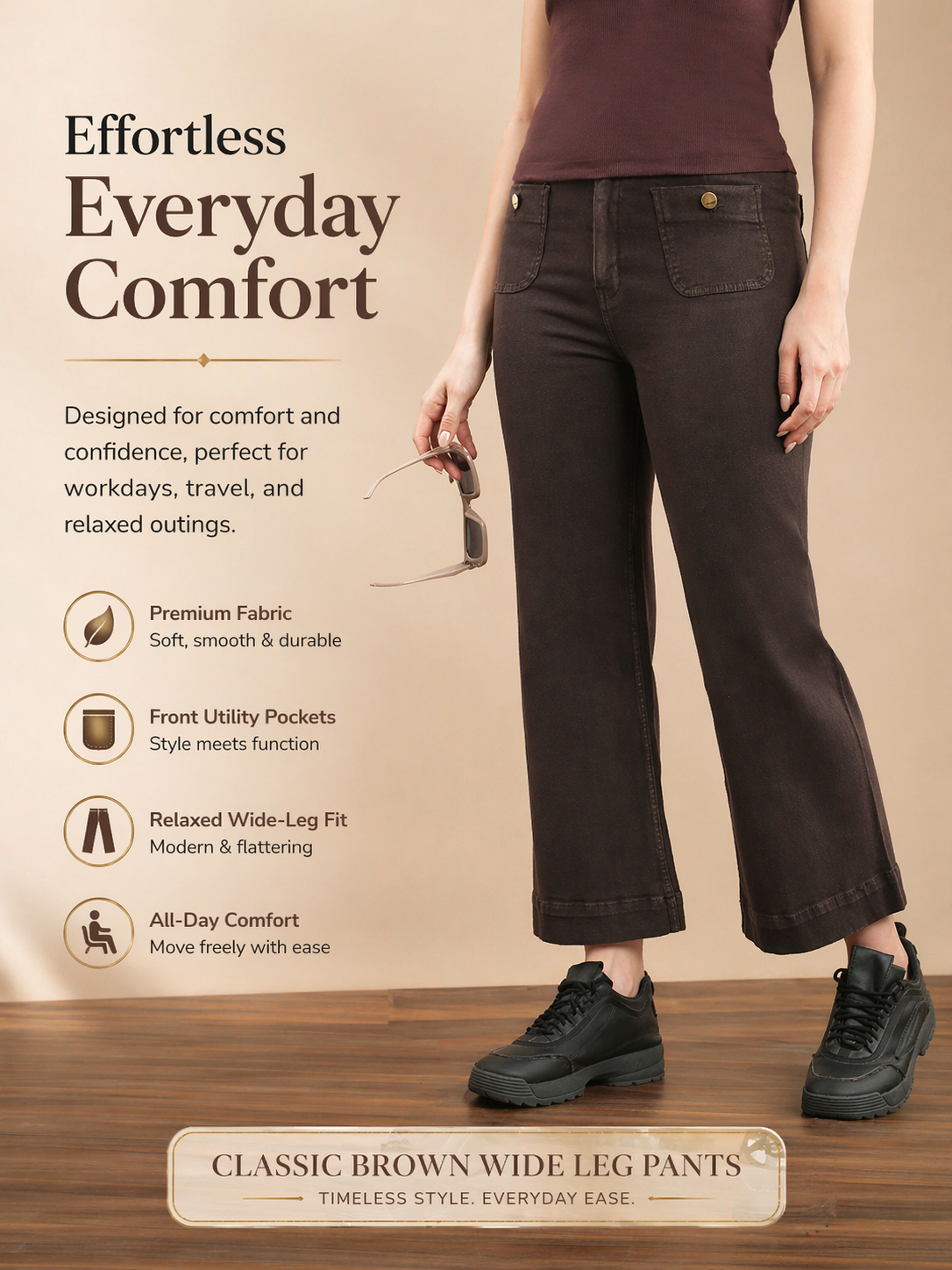 Womens Straight Fit Denim Cotton Blend Solid Pants - Brown