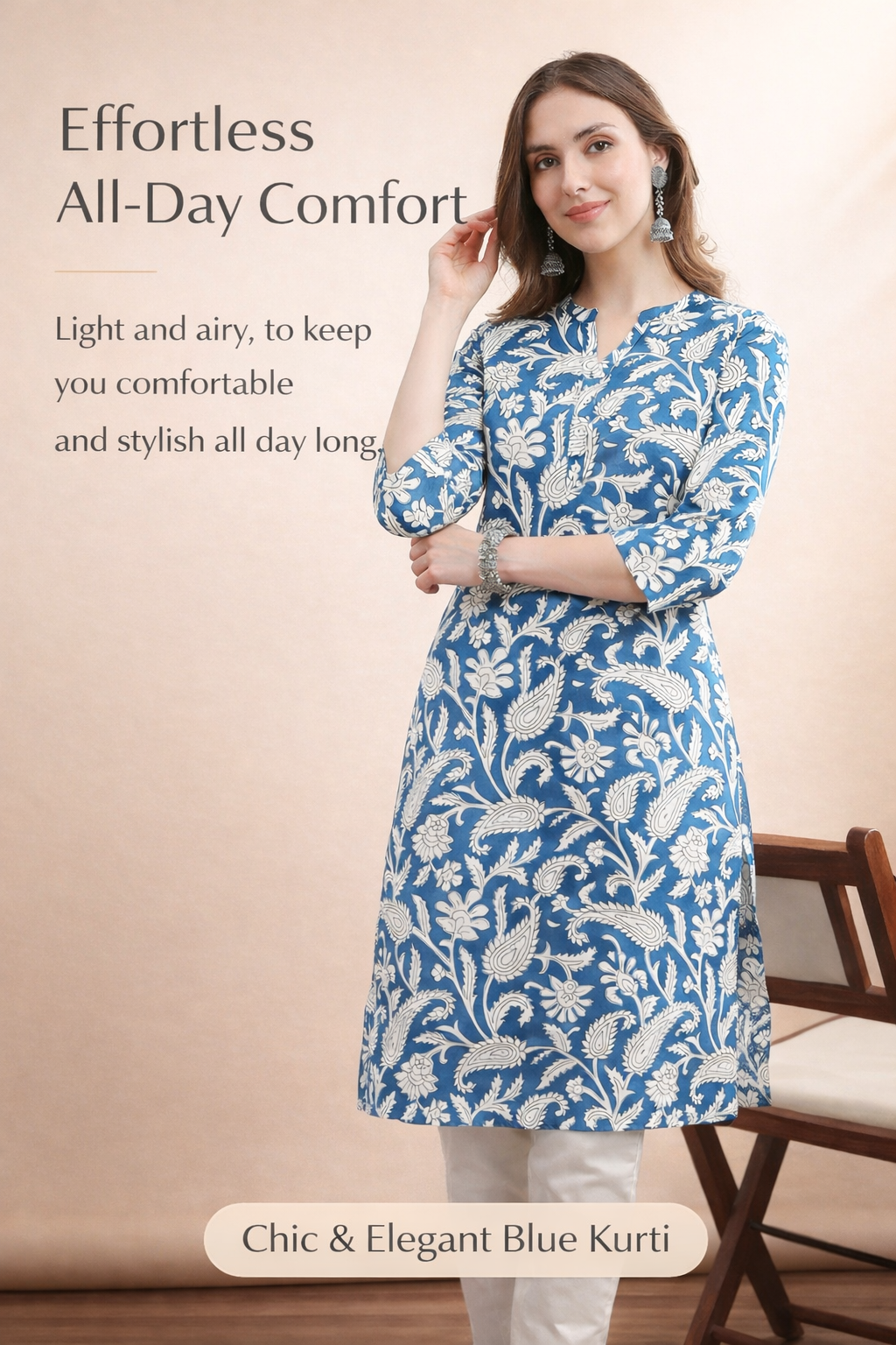 Womens Woven Paisley Print Kurta Mandarin Collar 3/4 Sleeves Regular Fit- Sky Blu