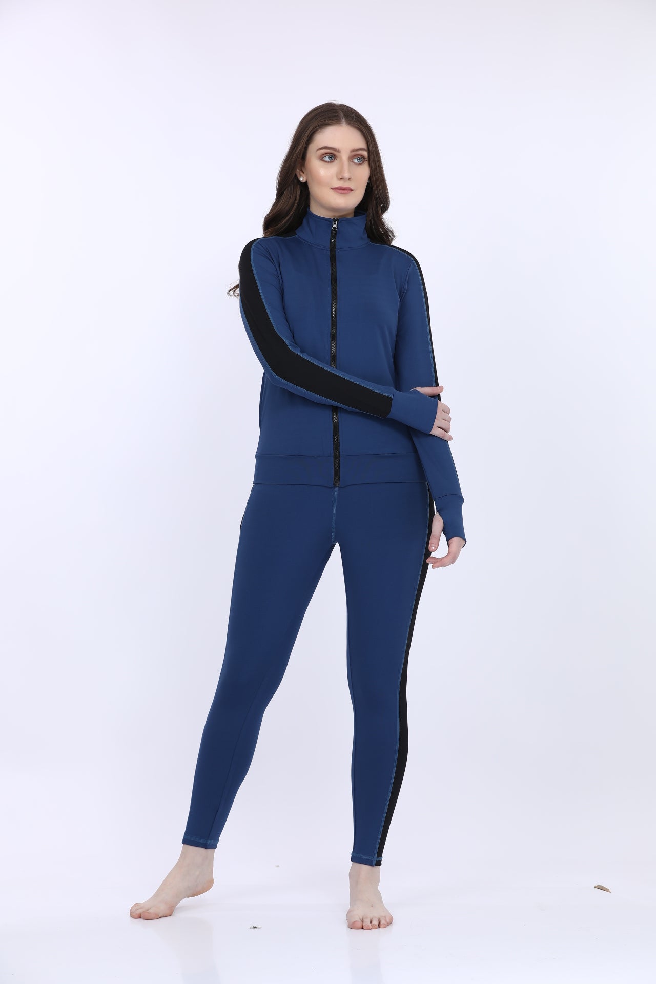Women Poly Spandex Navy Solid Full Sleeve Track Suit