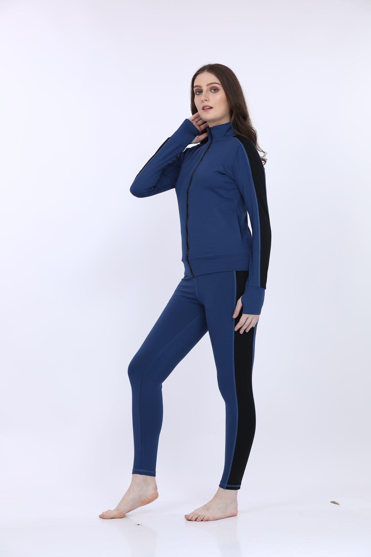Women Poly Spandex Navy Solid Full Sleeve Track Suit
