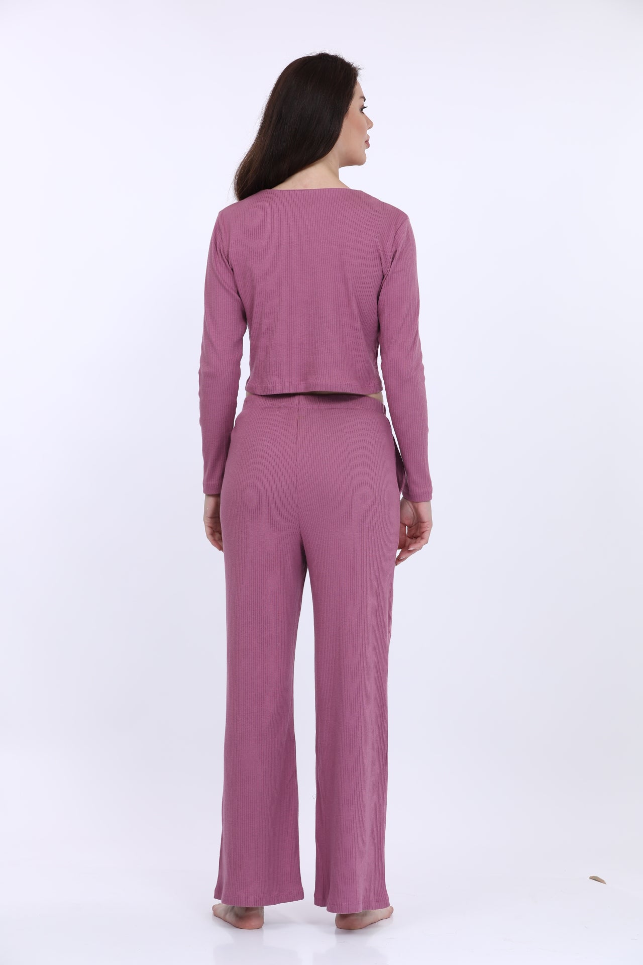 Women Cotton Spandex Pink Solid Full Sleeve Fashion Crop T-Shirt Co-Ord Set