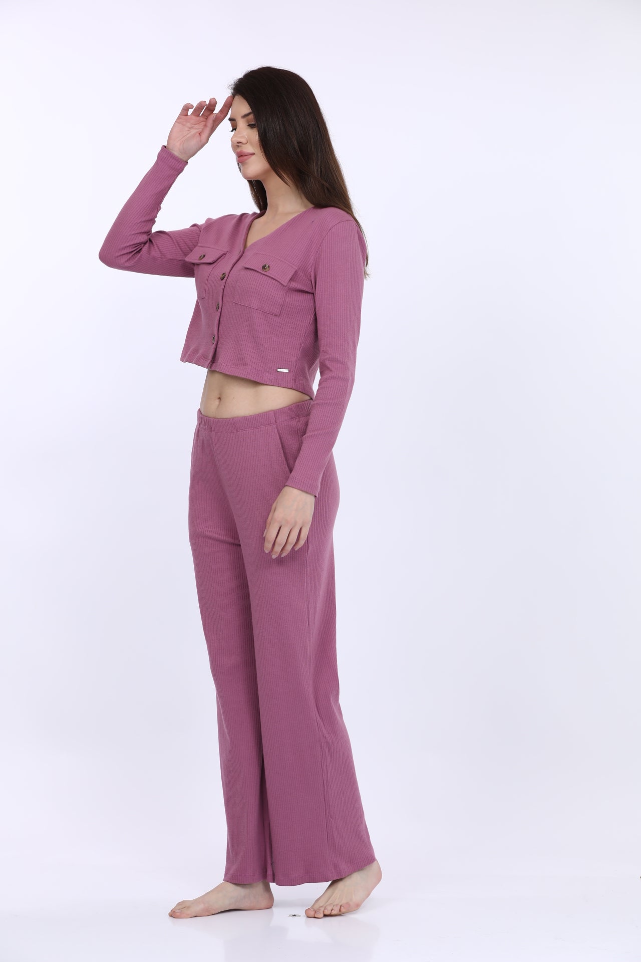 Women Cotton Spandex Pink Solid Full Sleeve Fashion Crop T-Shirt Co-Ord Set