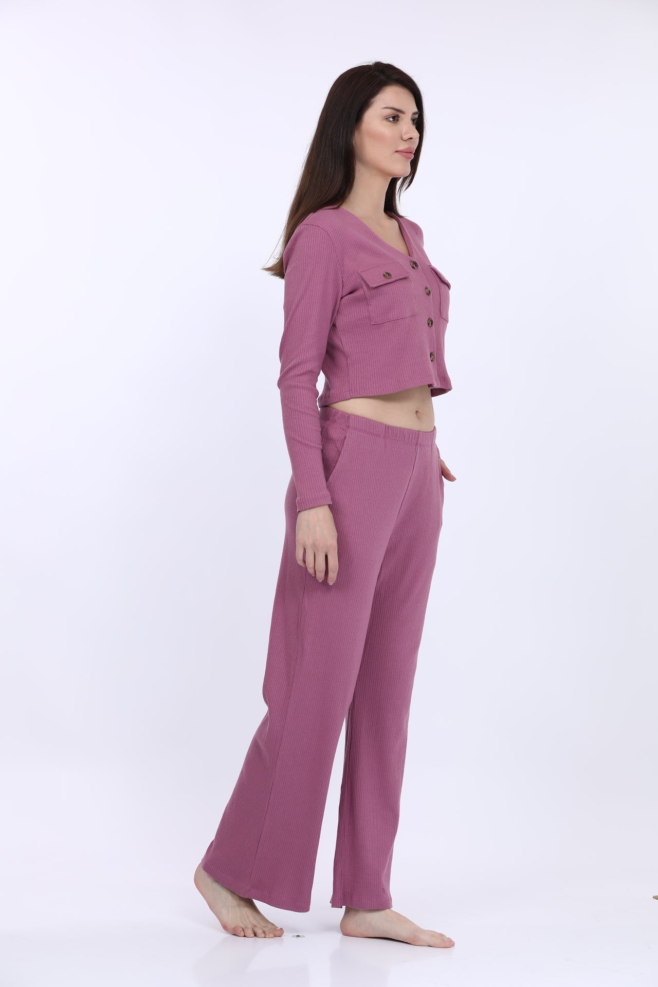 Women Cotton Spandex Pink Solid Full Sleeve Fashion Crop T-Shirt Co-Ord Set