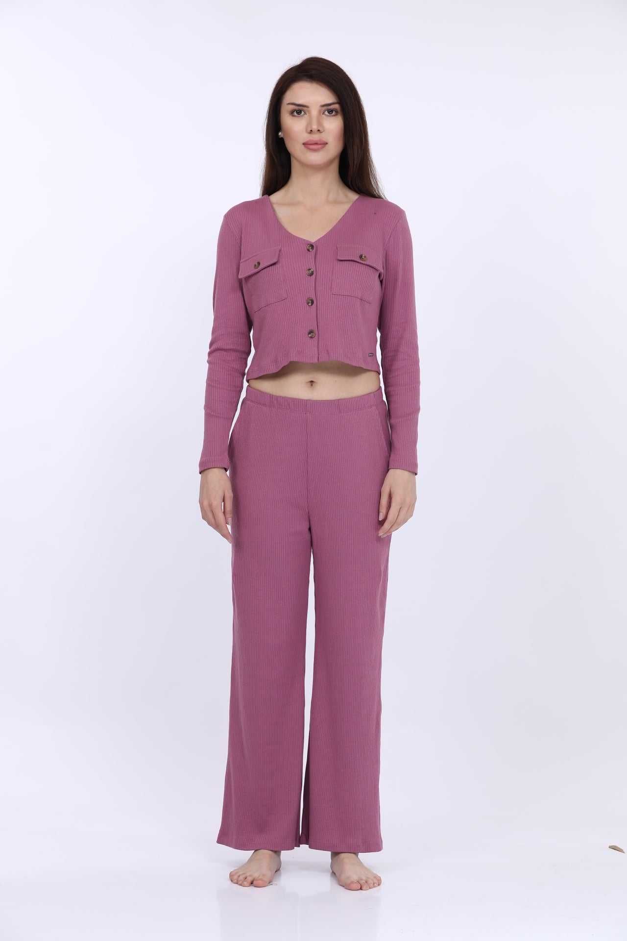 Women Cotton Spandex Pink Solid Full Sleeve Fashion Crop T-Shirt Co-Ord Set