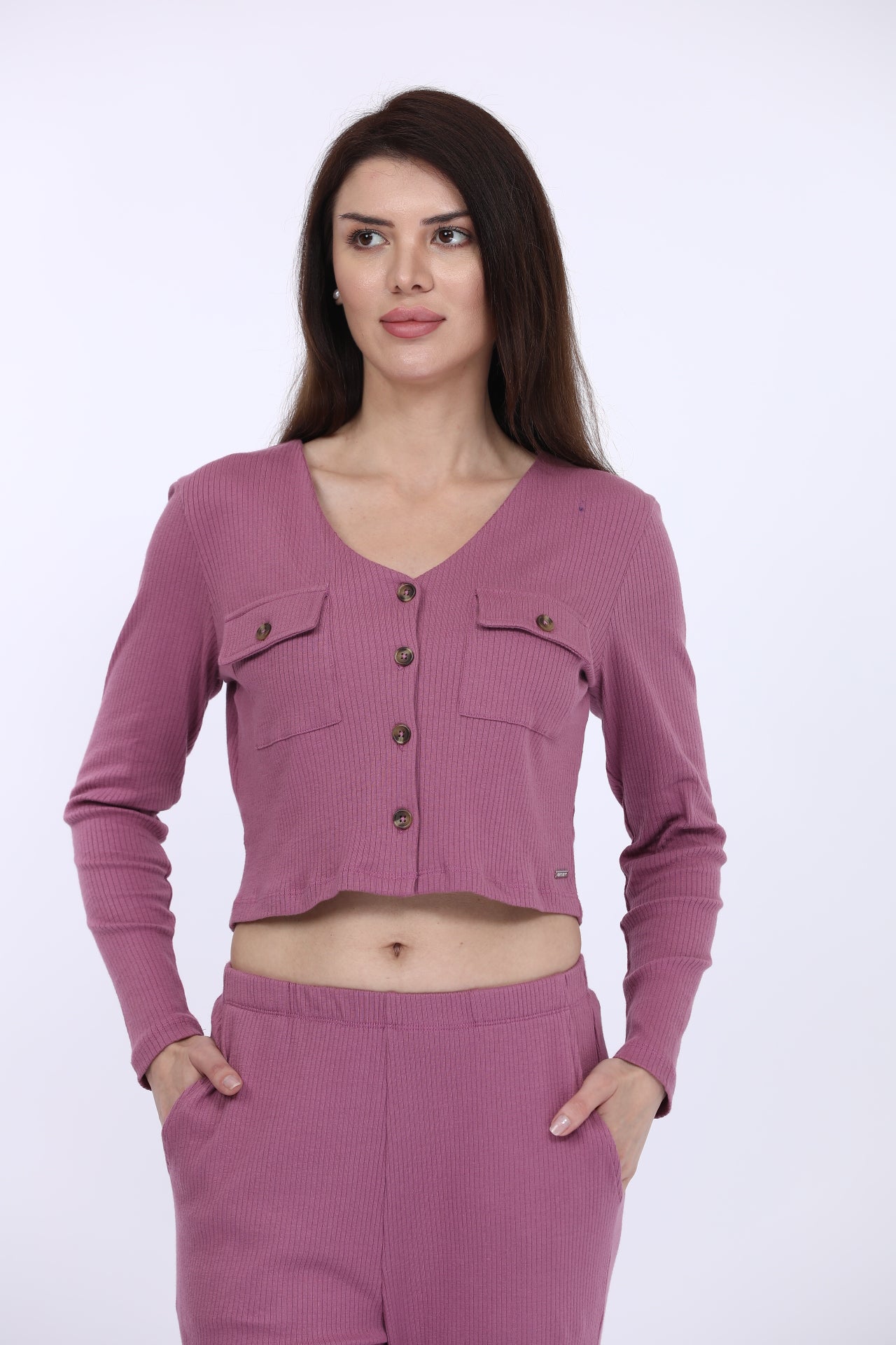 Women Cotton Spandex Pink Solid Full Sleeve Fashion Crop T-Shirt Co-Ord Set