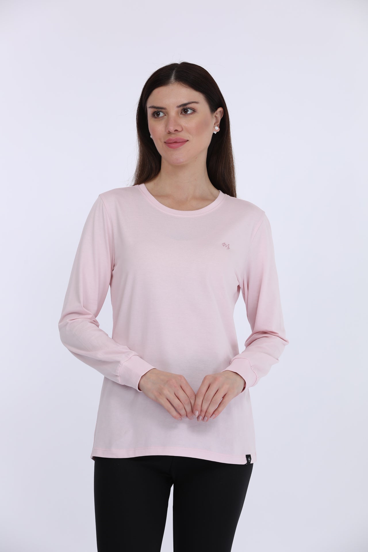 Women 100% Cotton Pink Solid Full Sleeve T-Shirt