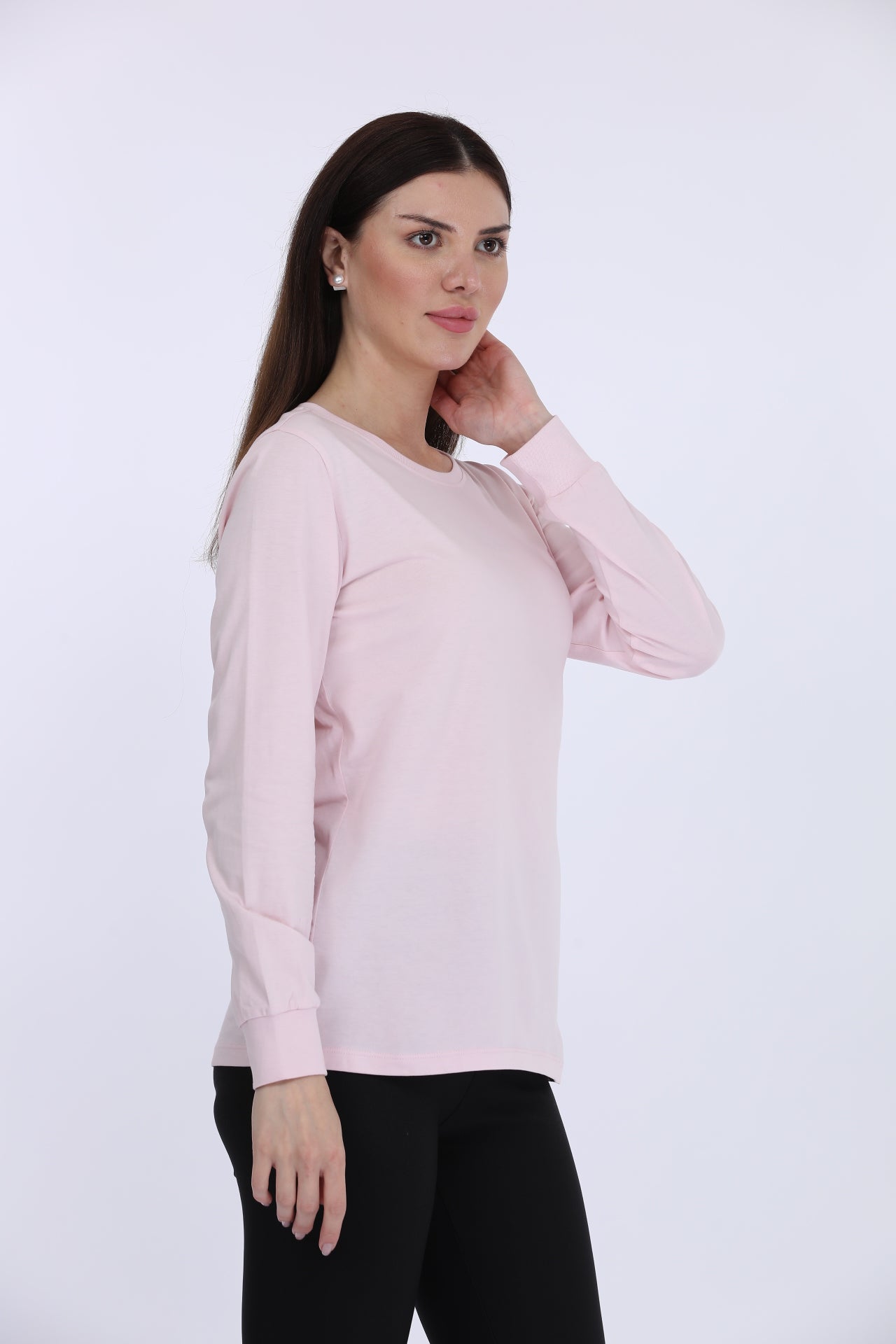 Women 100% Cotton Pink Solid Full Sleeve T-Shirt