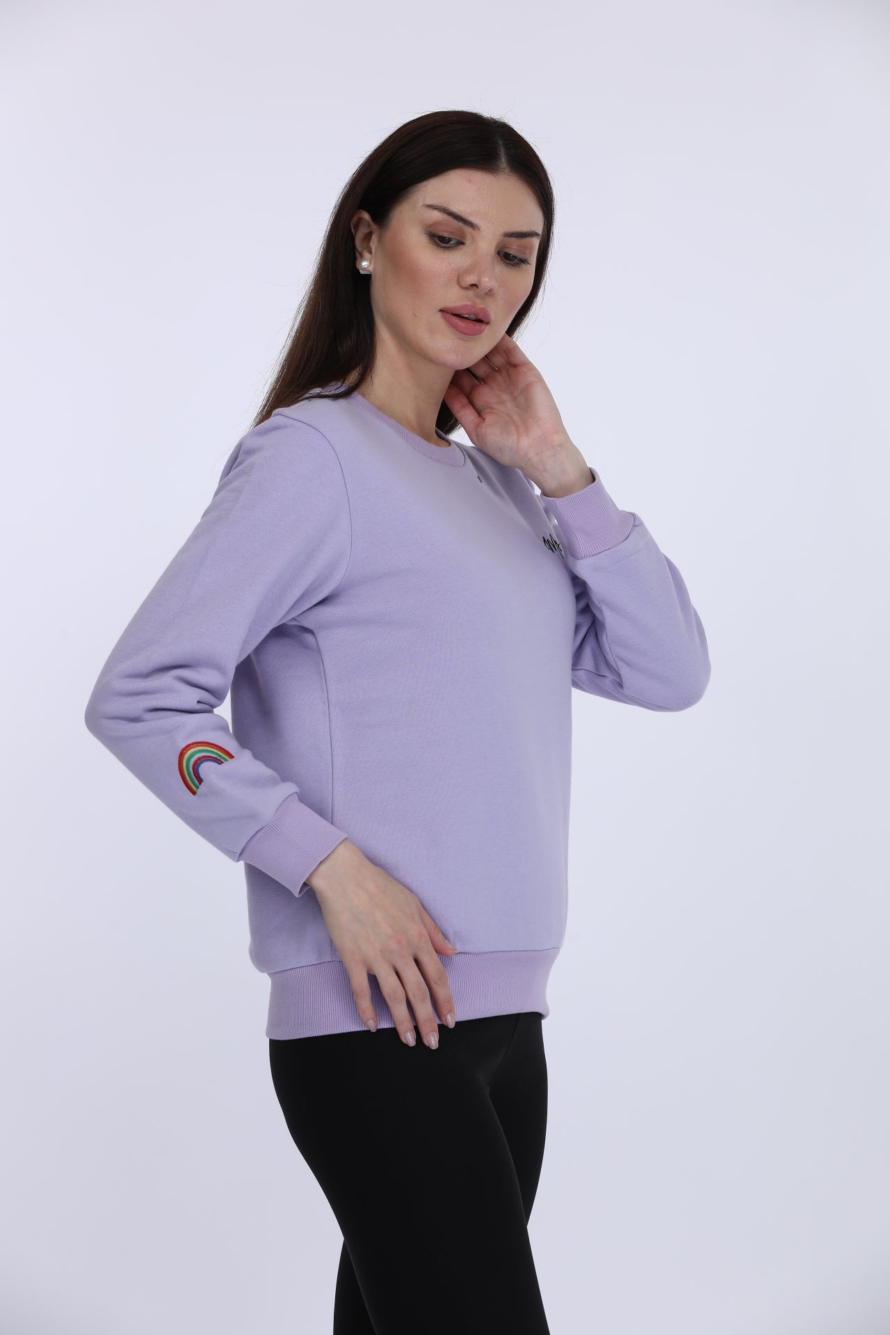 Women Fleece Purple Printed Full Sleeve Sweat Shirt