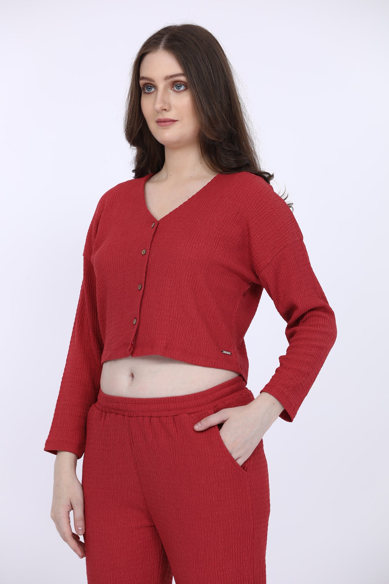 Women Cotton Spandex Red Solid Full Sleeve Crop T-Shirt With Pyjama
