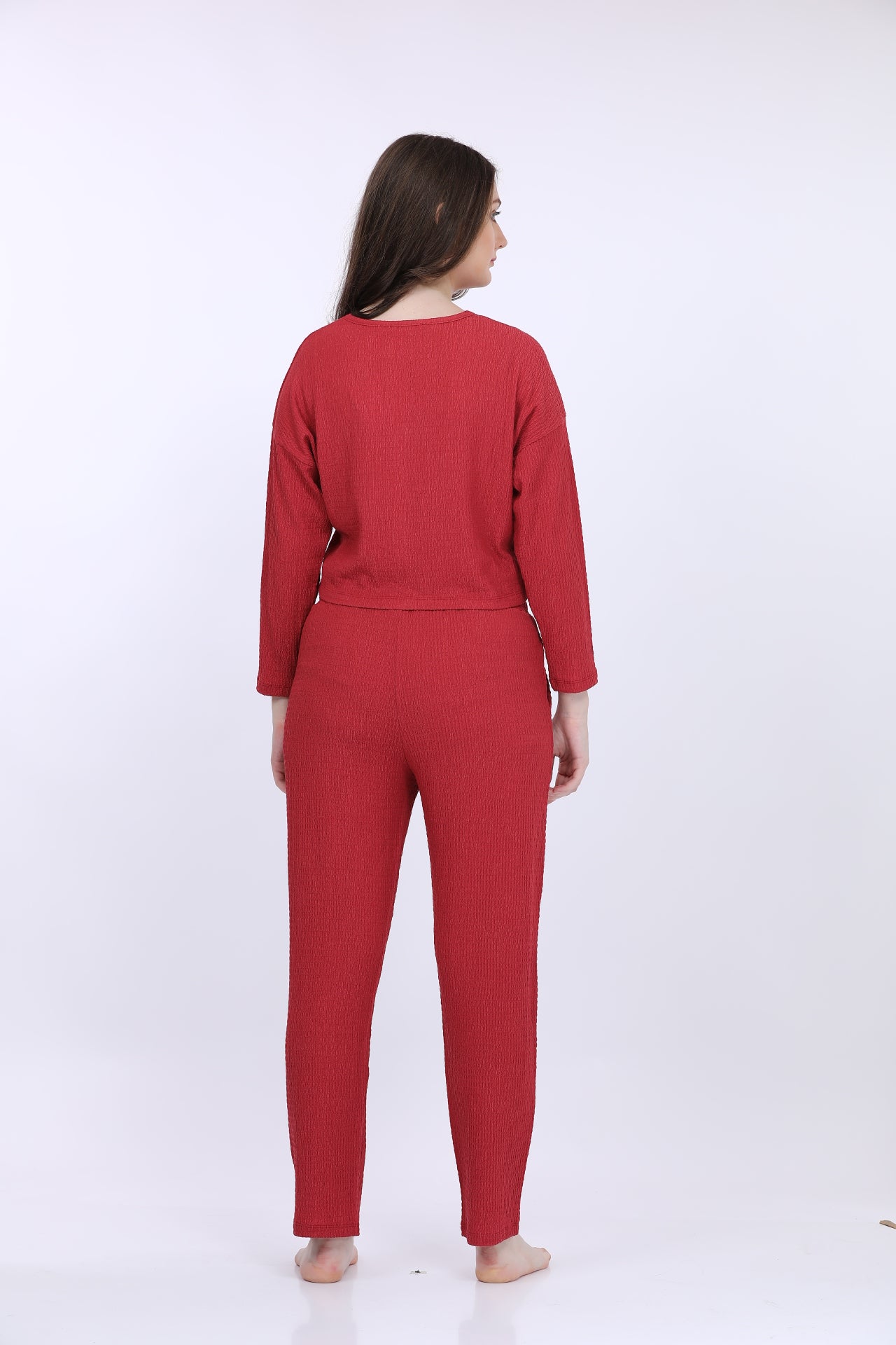 Women Cotton Spandex Red Solid Full Sleeve Crop T-Shirt With Pyjama