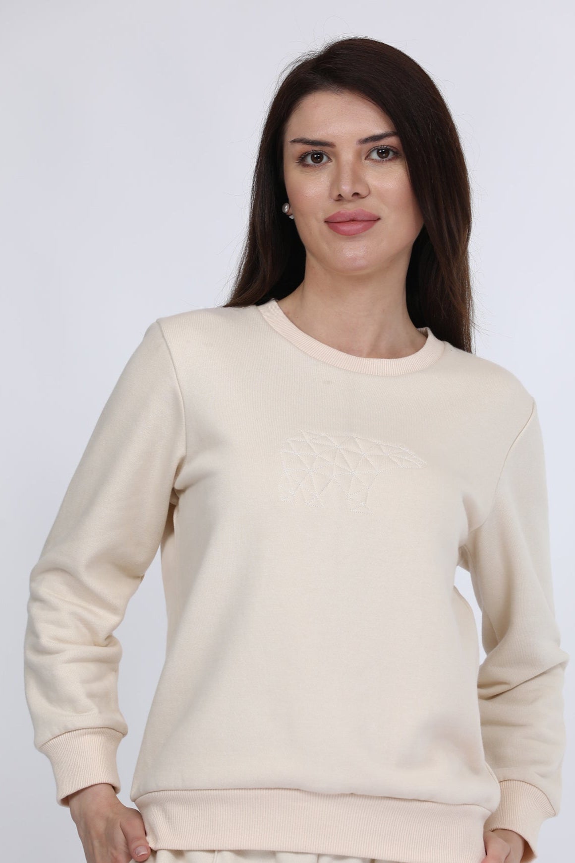 Women Fleece Off White Solid Full Sleeve Sweat Shirt Tshirt