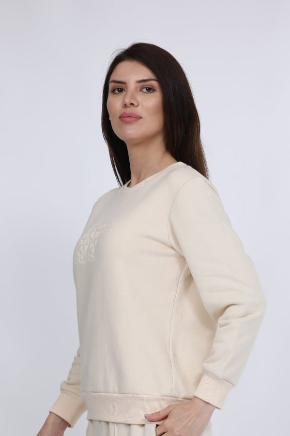 Women Fleece Off White Solid Full Sleeve Sweat Shirt Tshirt