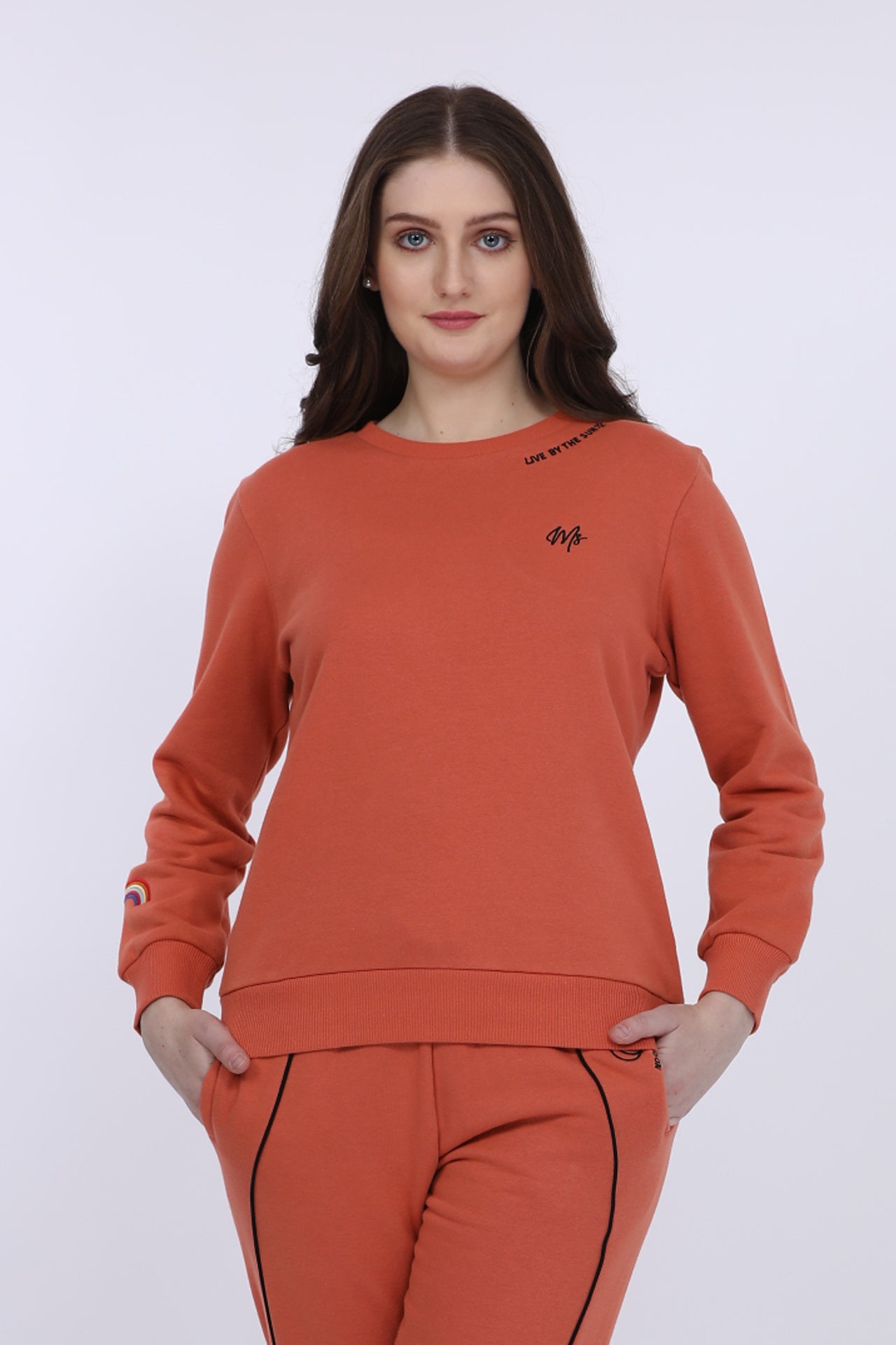 Women Fleece Red Printed Full Sleeve Sweat Shirt