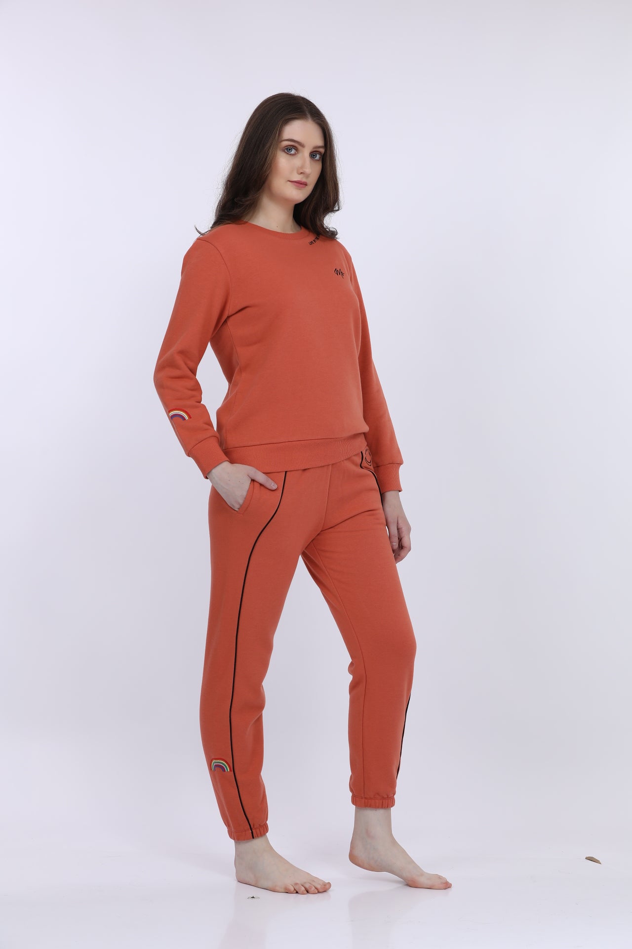 Women Fleece Red Printed Full Sleeve Sweat Shirt