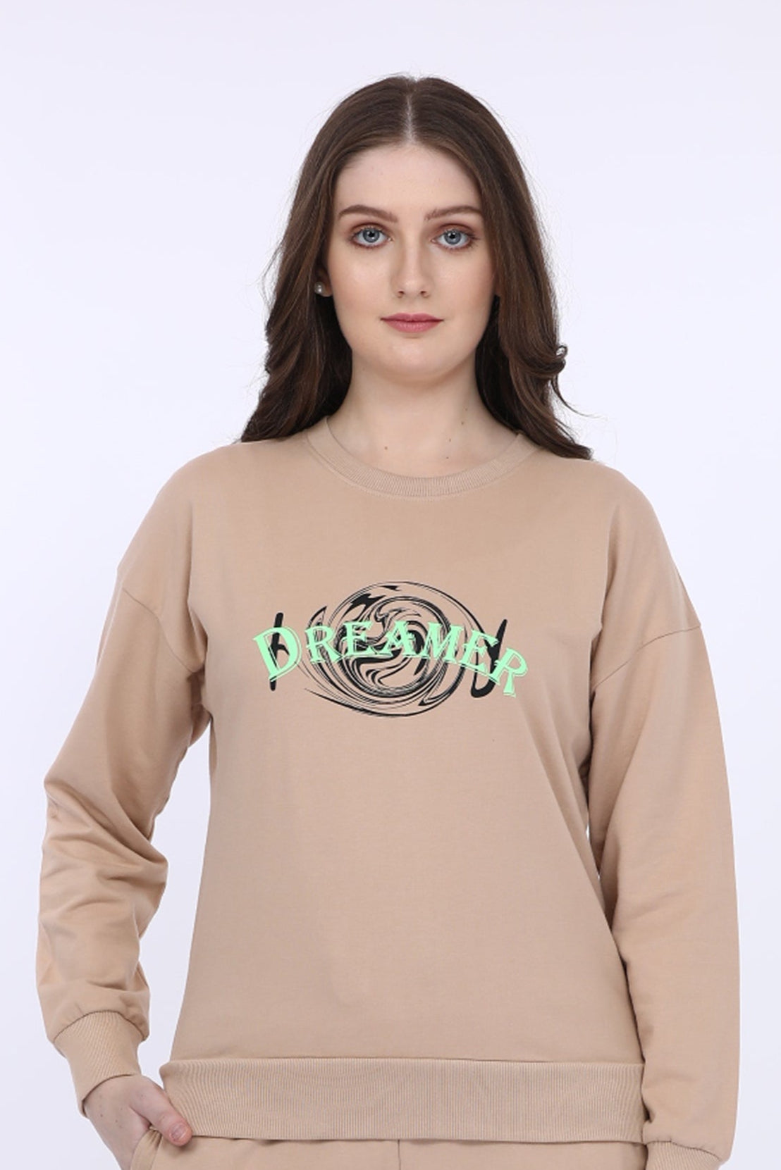 Women Cotton Spandex Brown Printed Full Sleeve Sweat Shirt T-shirt