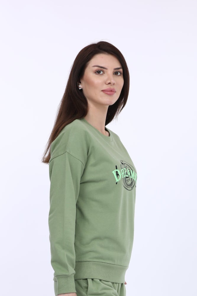 Women Cotton Spandex Green Printed Full Sleeve Sweat Shirt T-shirt