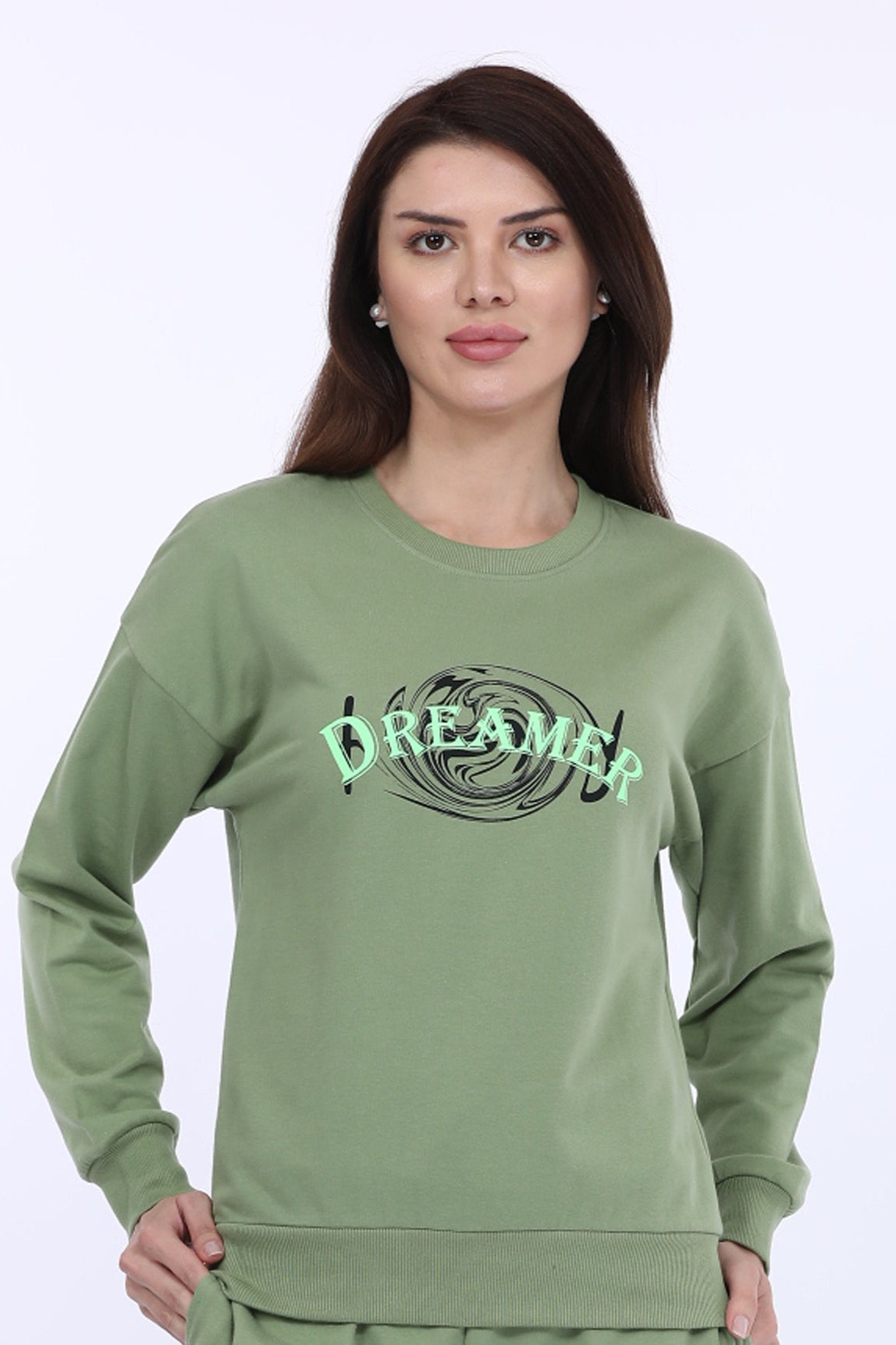 Women Cotton Spandex Green Printed Full Sleeve Sweat Shirt T-shirt